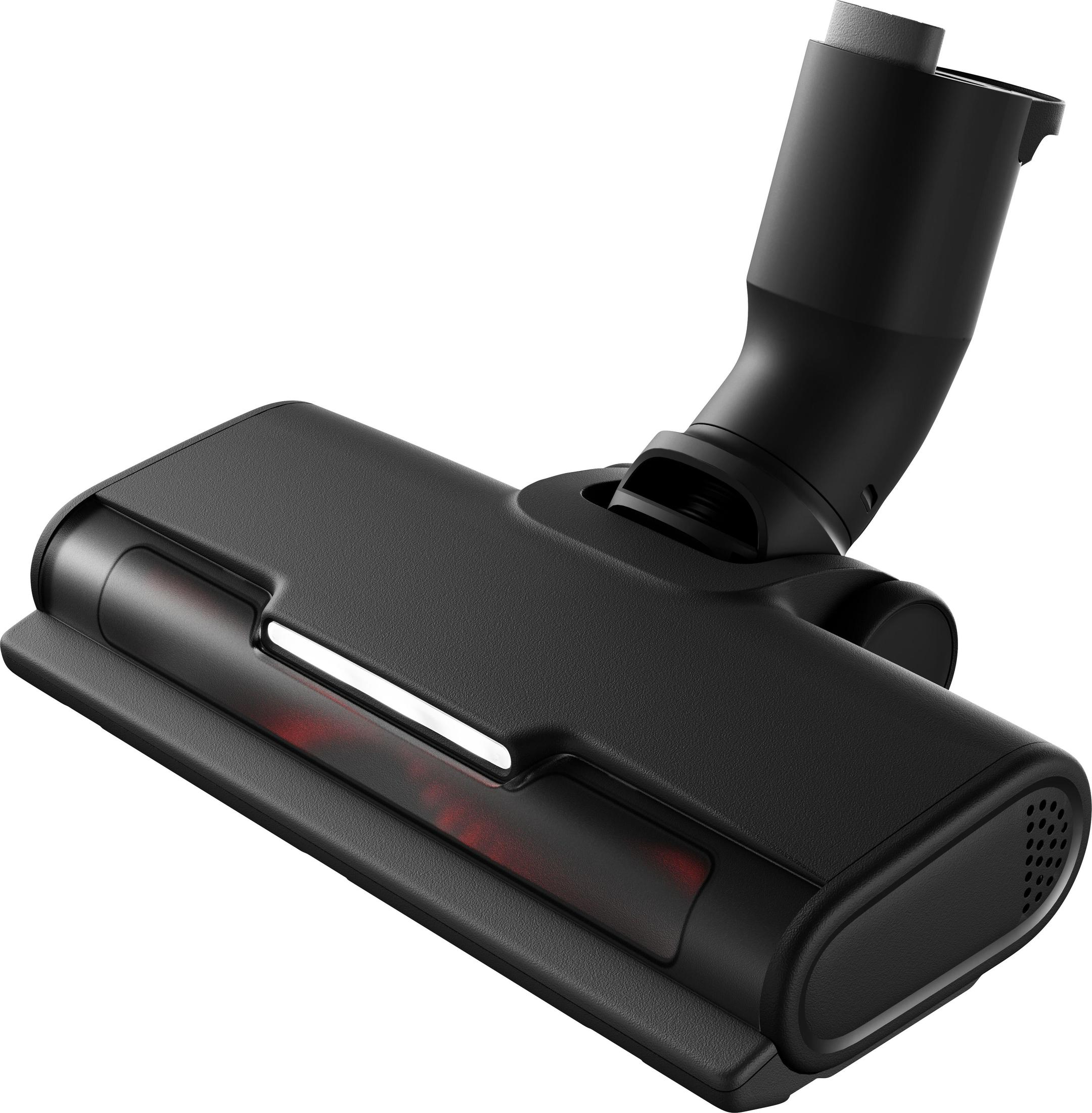 Czarna głowica odkurzacza, kątowa, z czerwonym detalem świetlnym. Białe tło.