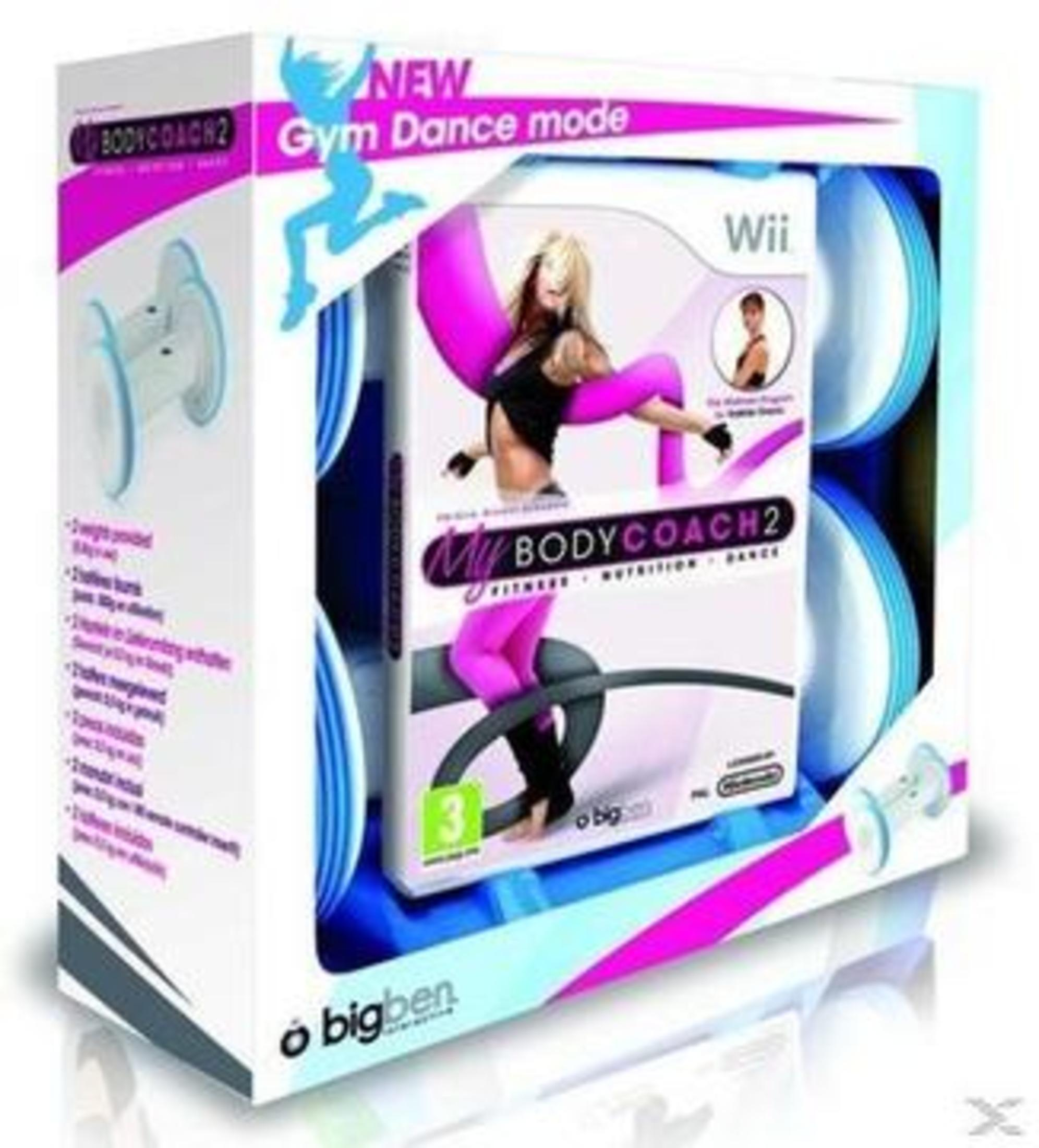Set di scatole di un gioco di fitness My Body Coach 2 per Wii. Include pesi, gioco e una donna sulla scatola.