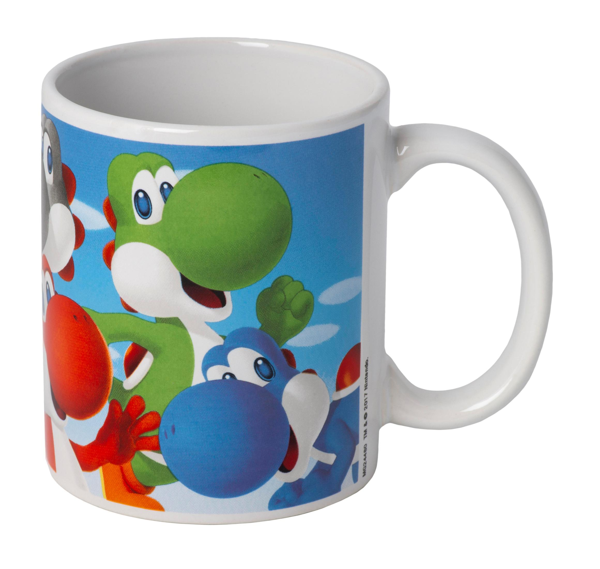 Weißer Becher mit Yoshi und anderen Charakteren aus dem Nintendo-Spiel.