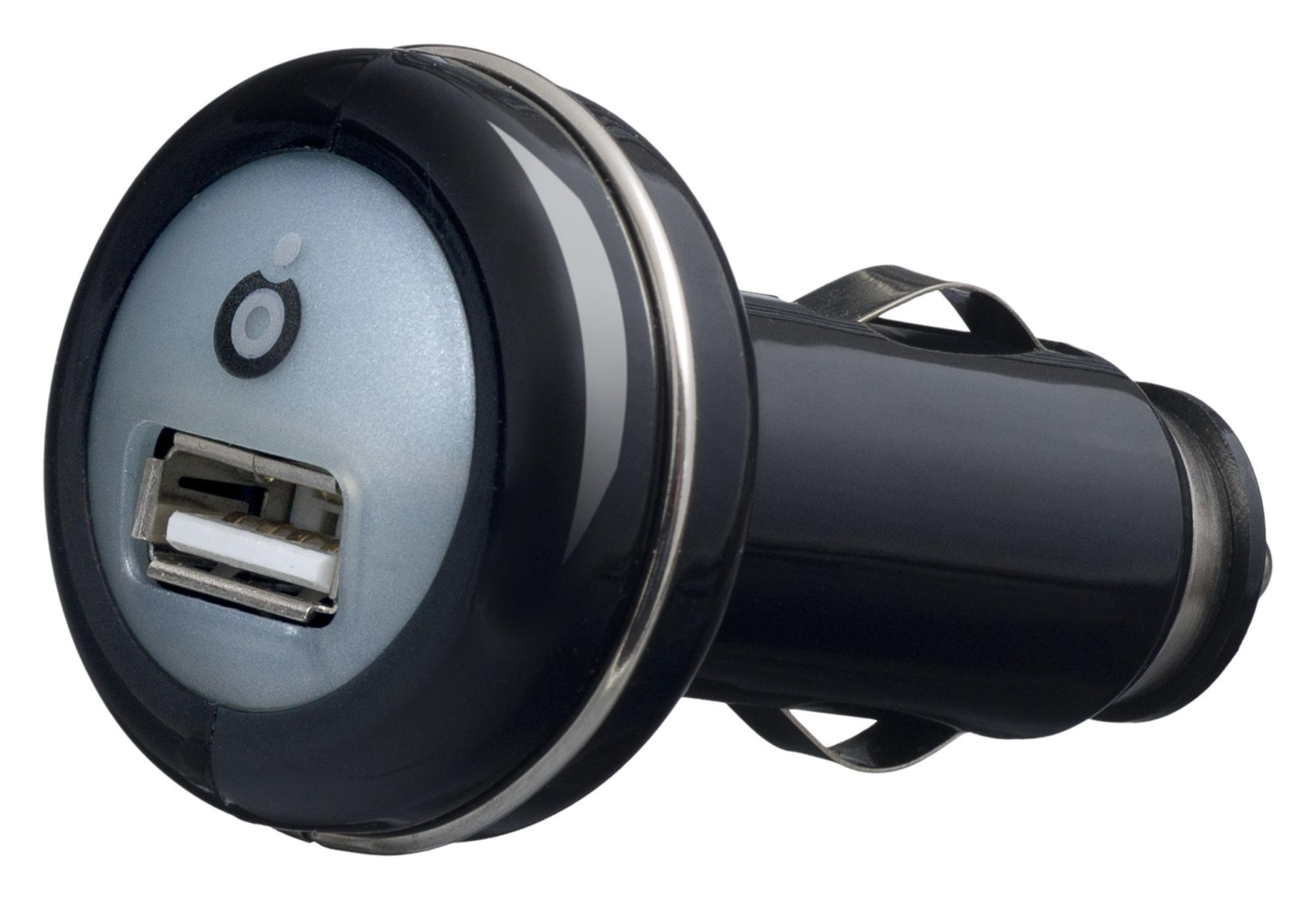 Caricabatterie per auto nero e argento con porta USB, visto da vicino.