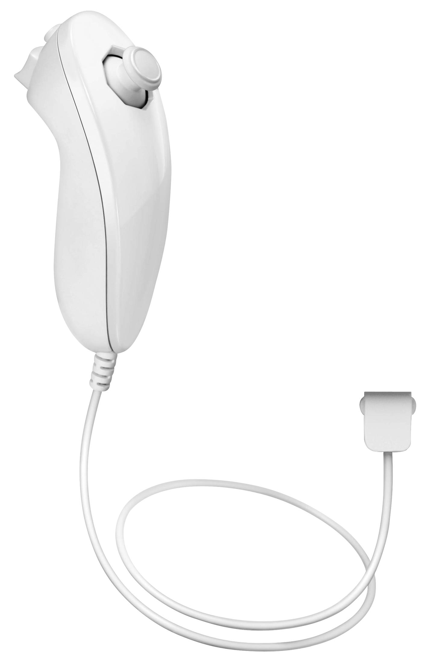 Weiße Nintendo Wii Fernbedienung mit Kabel. Weißer Hintergrund.