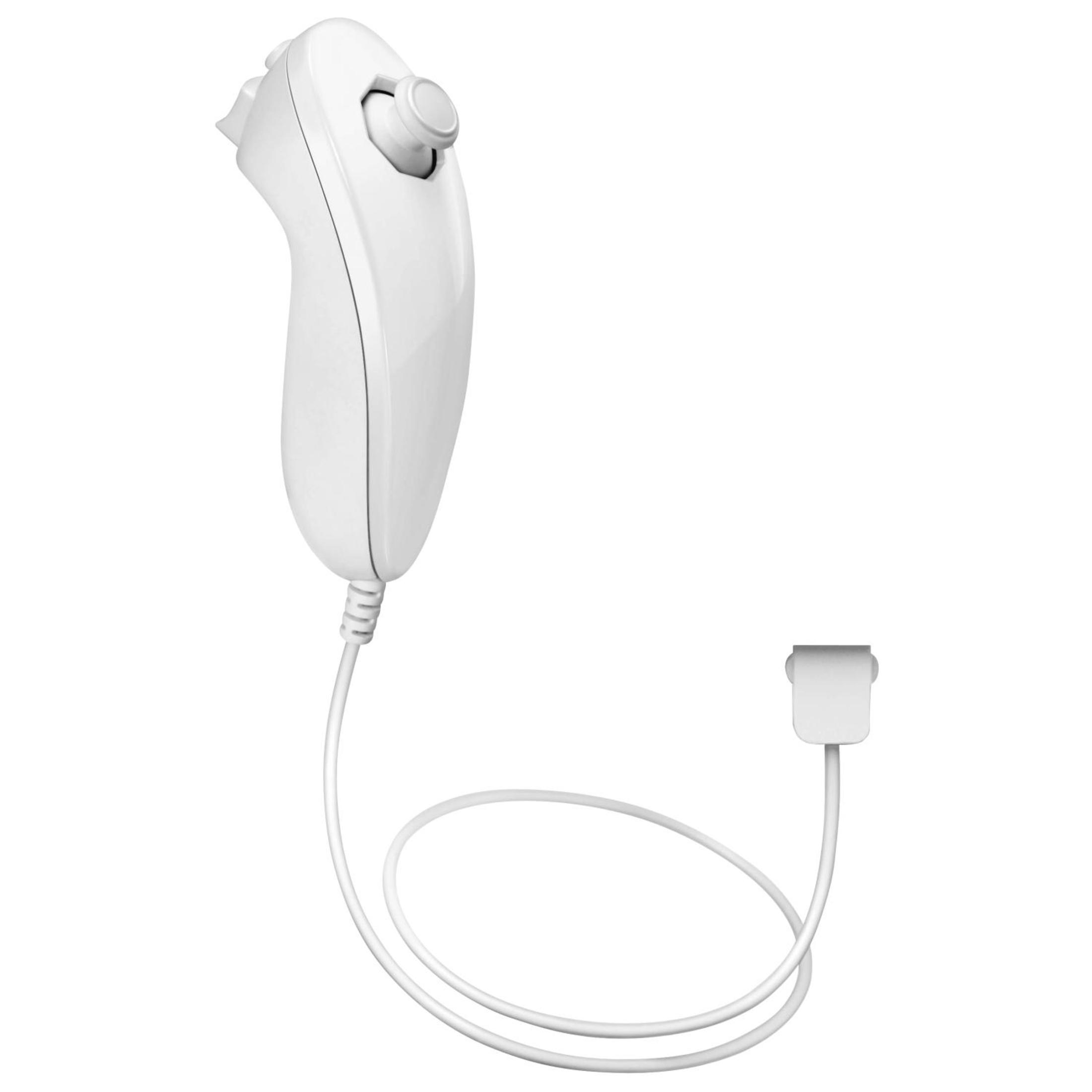 Eine weiße Wii-Fernbedienung mit Kabel und Stecker.