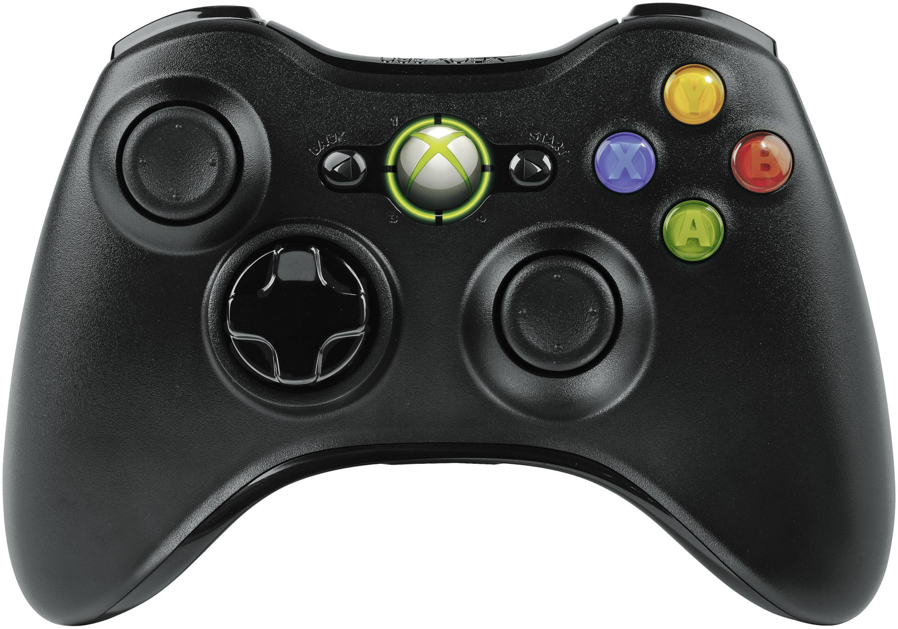 Schwarzer Xbox 360 Controller mit Knöpfen und Joysticks. Die X-Taste leuchtet.