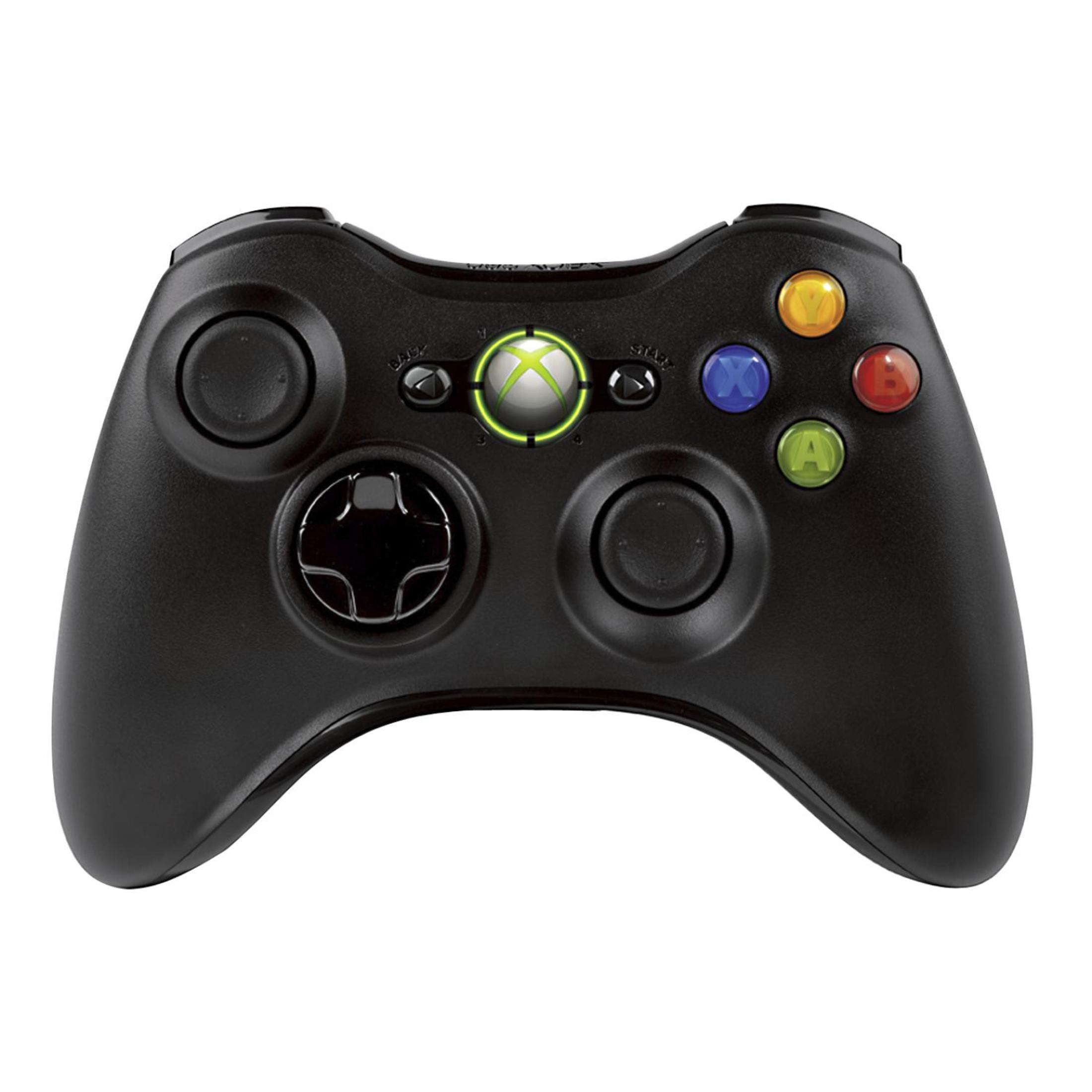 Schwarzer Xbox 360 Controller mit farbigen Knöpfen, einem grün leuchtenden mittleren Knopf und einem Steuerkreuz.