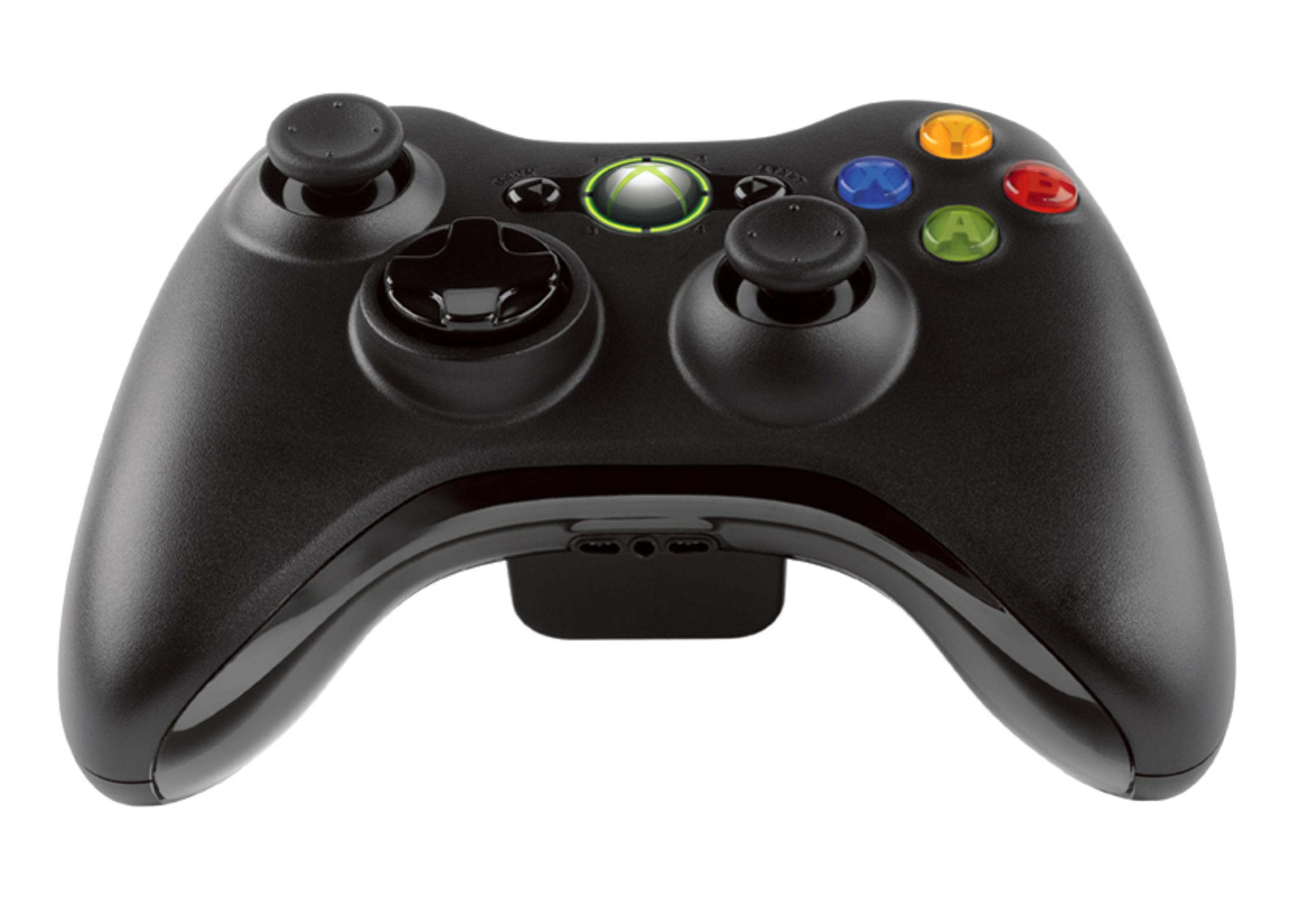 Ein schwarzer Xbox-Controller auf weißem Hintergrund. Der Controller hat Knöpfe und Joysticks.