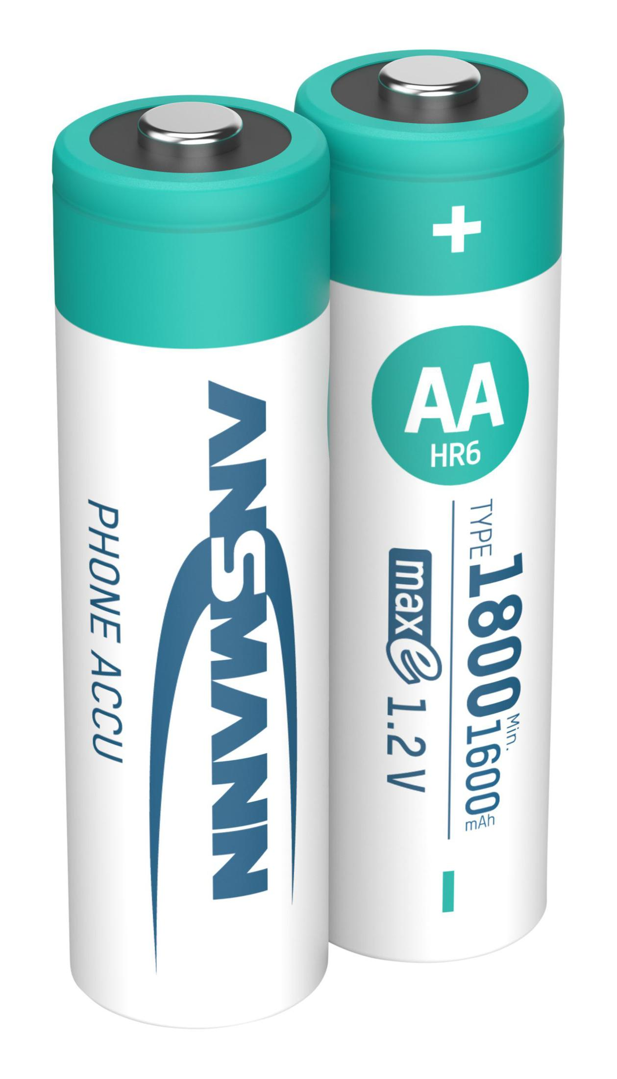 Dwie baterie AA z białymi i turkusowymi etykietami. Jedna ma znak plus.