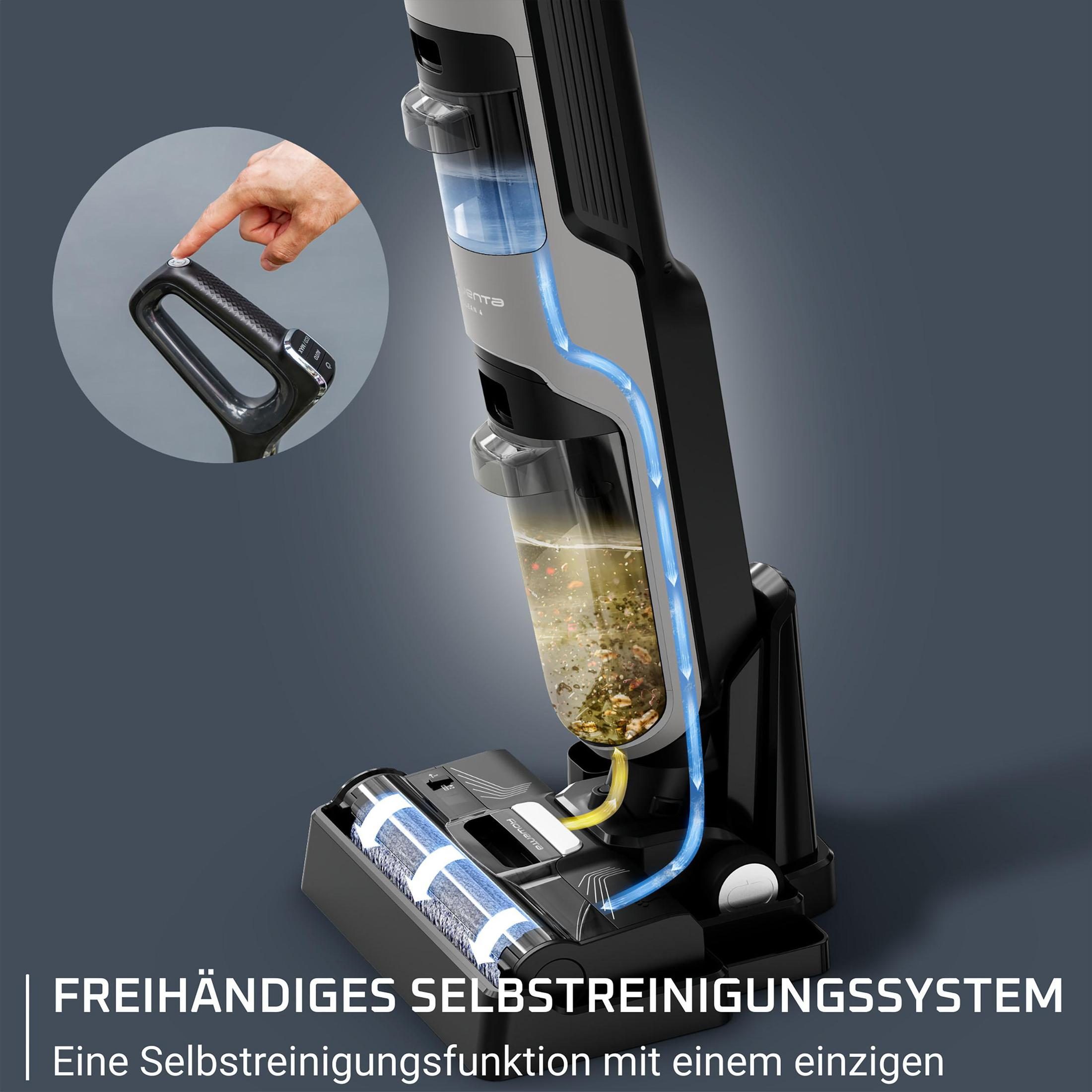 Staubsauger mit transparentem Wassertank und Griff. Das Bild zeigt die Selbstreinigungsfunktion.