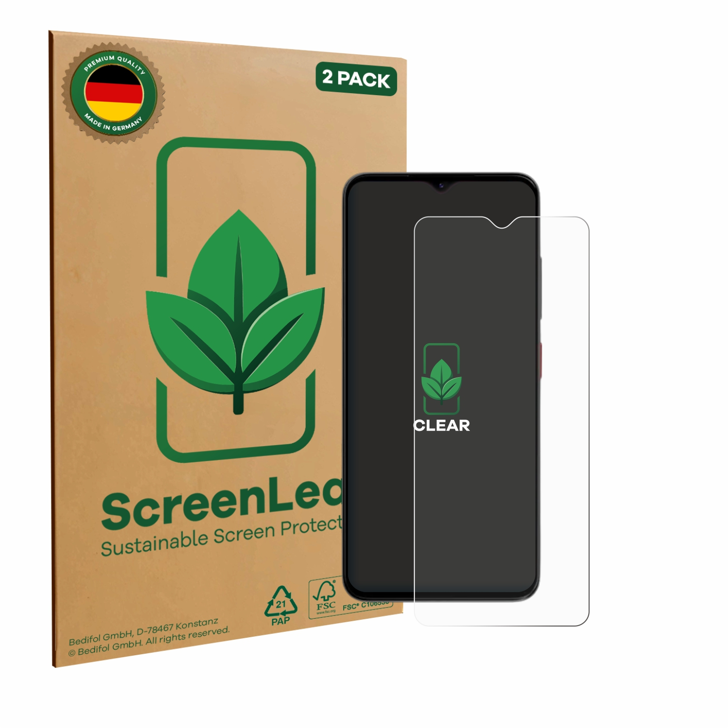 ScreenLed, eine Displayschutzfolienverpackung. Ein Telefon mit klarer Schutzfolie davor.