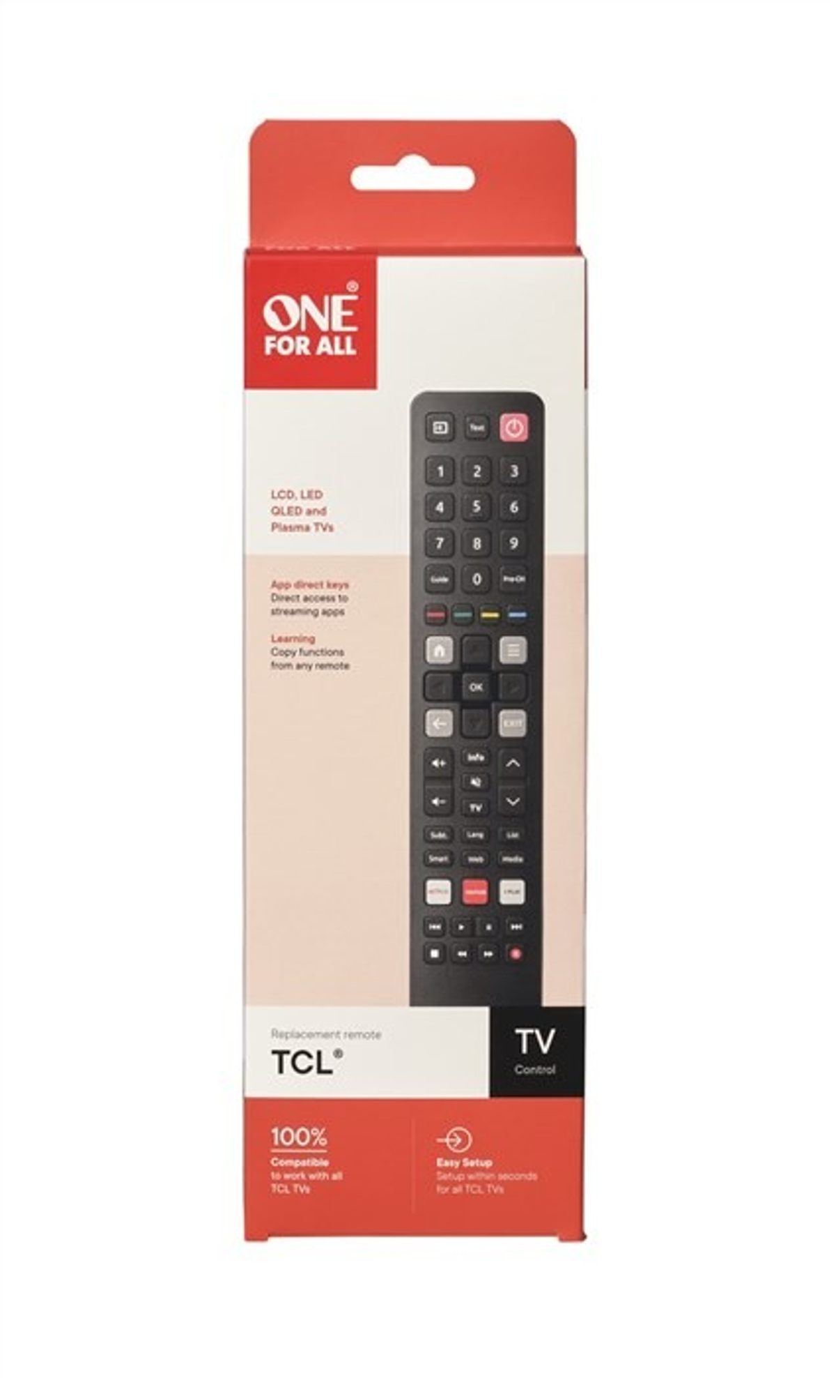 Czarny pilot w czerwono-białym pudełku. Tekst: TV Control. Kompatybilny ze wszystkimi telewizorami TCL.