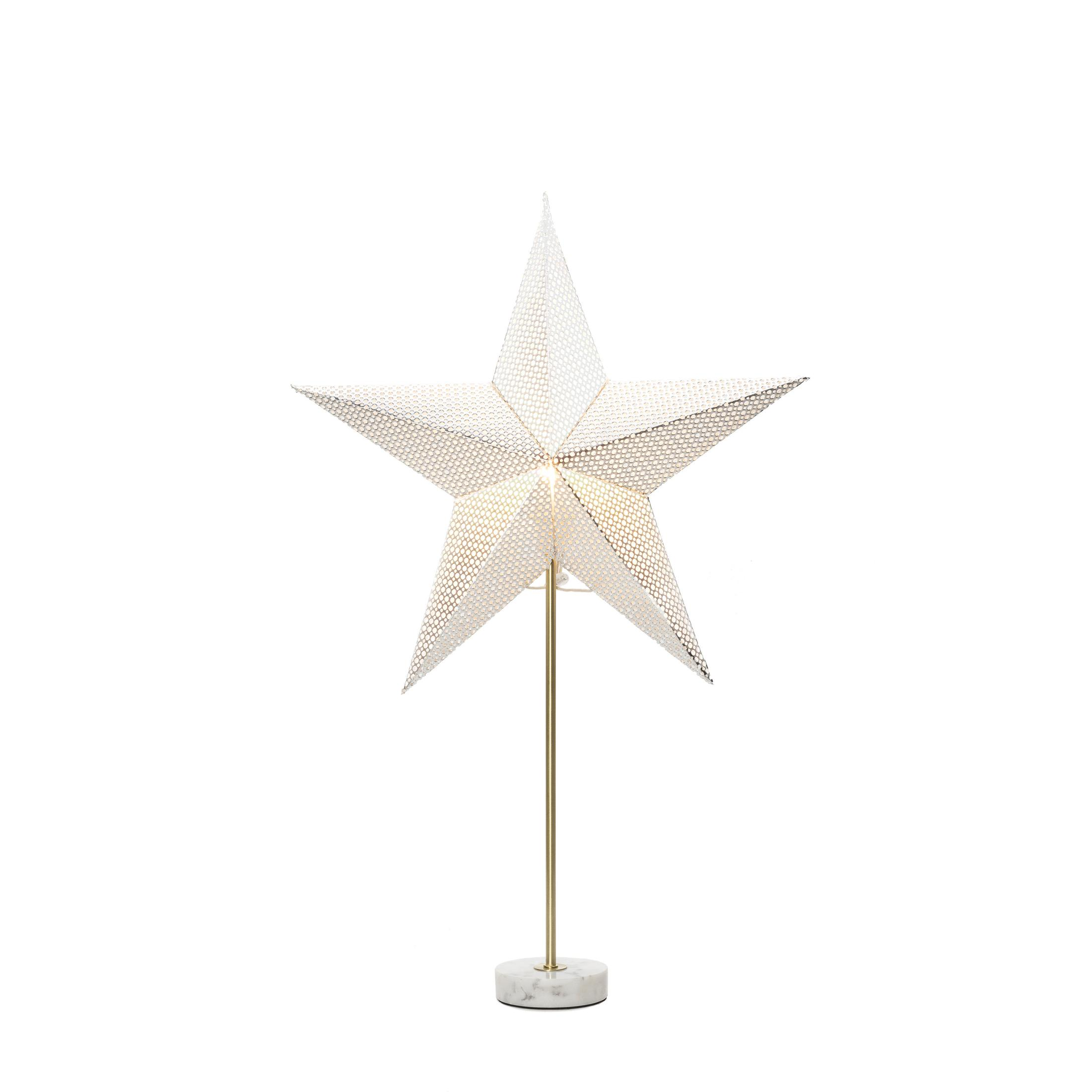 Eine weiße sternförmige Lampe auf Marmorsockel, goldener Stiel.