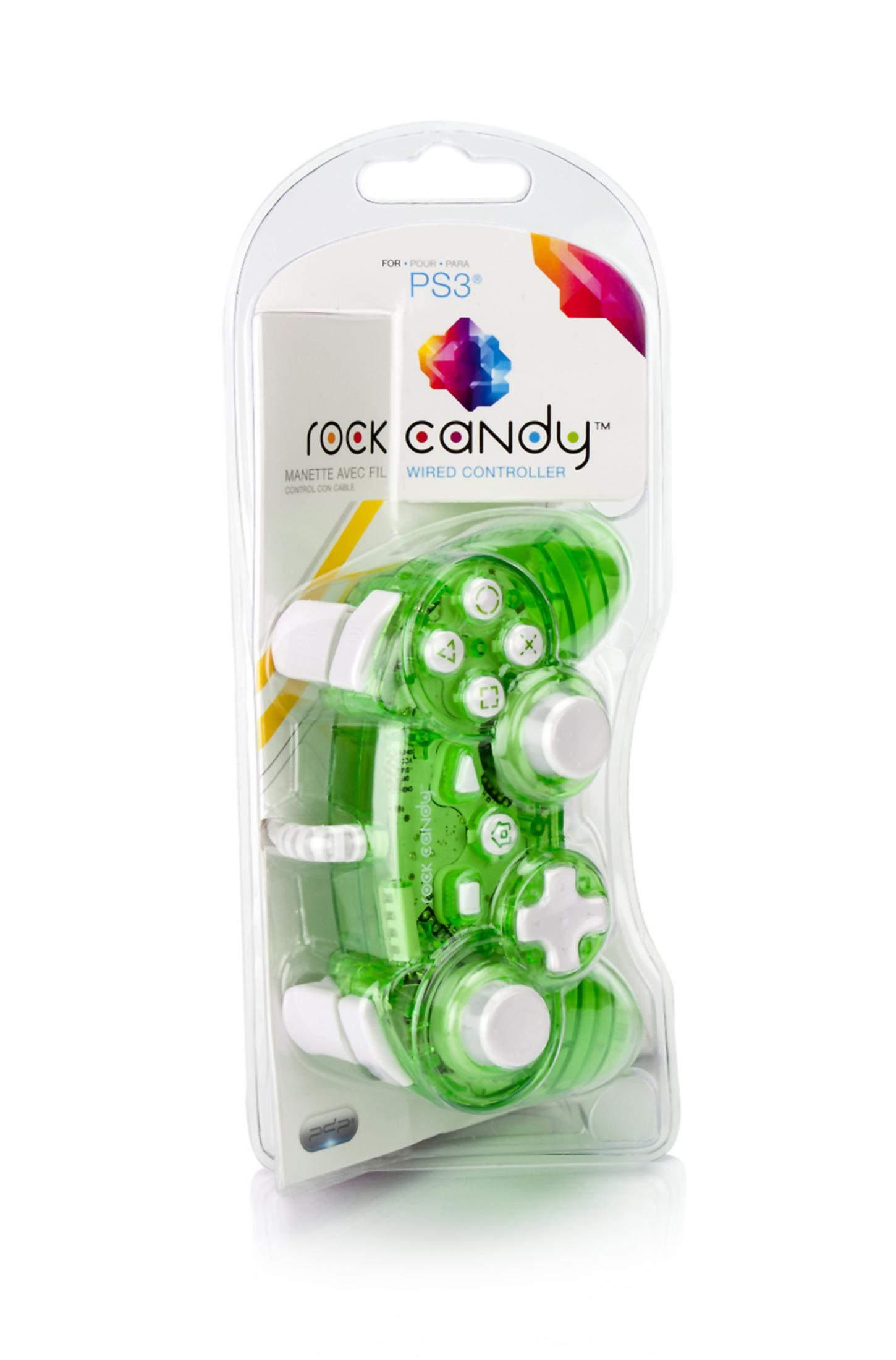 Grüner Rock Candy PS3 kabelgebundener Controller in transparenter Verpackung.