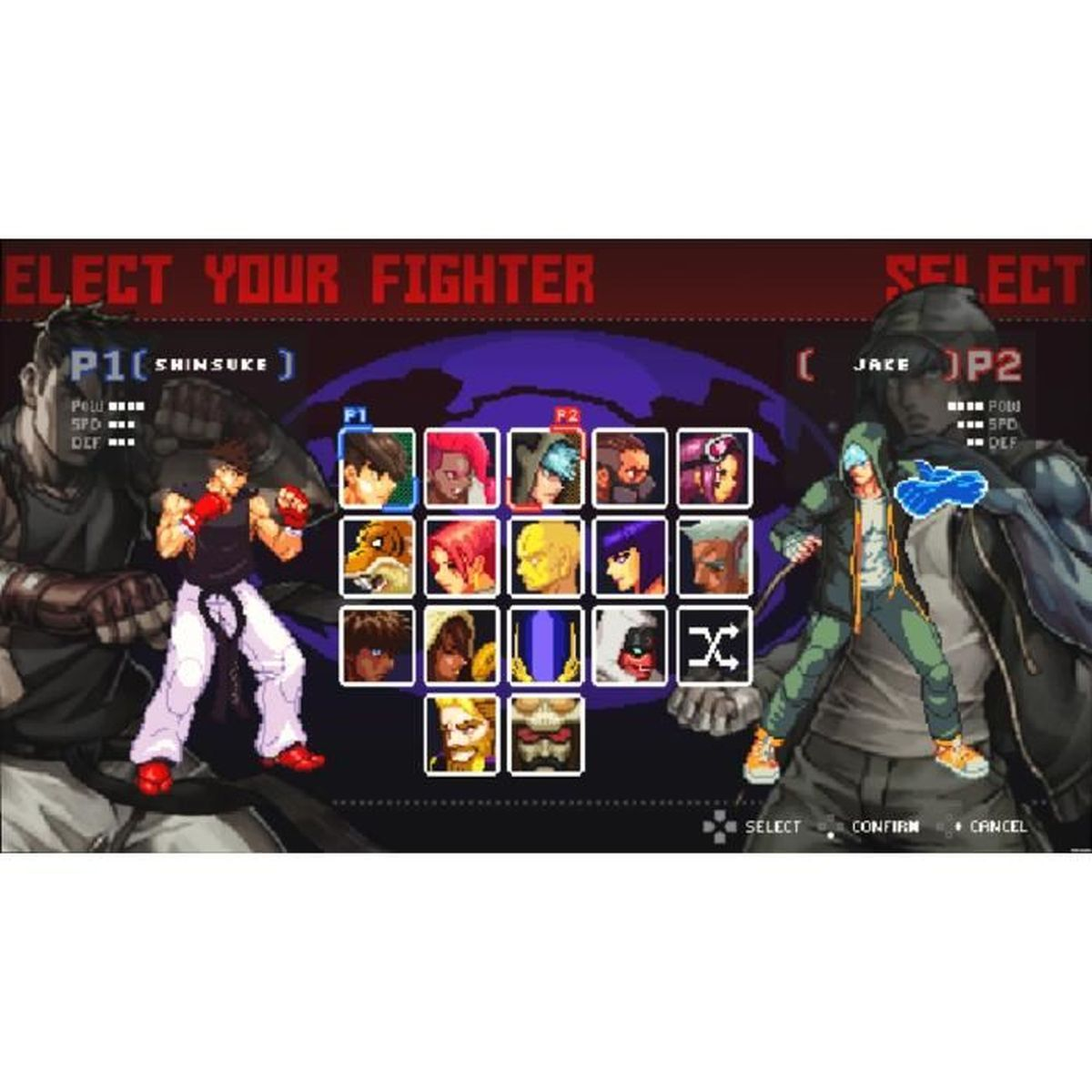 Ekran gry wideo z dwoma wybranymi postaciami i siatką innych wojowników.