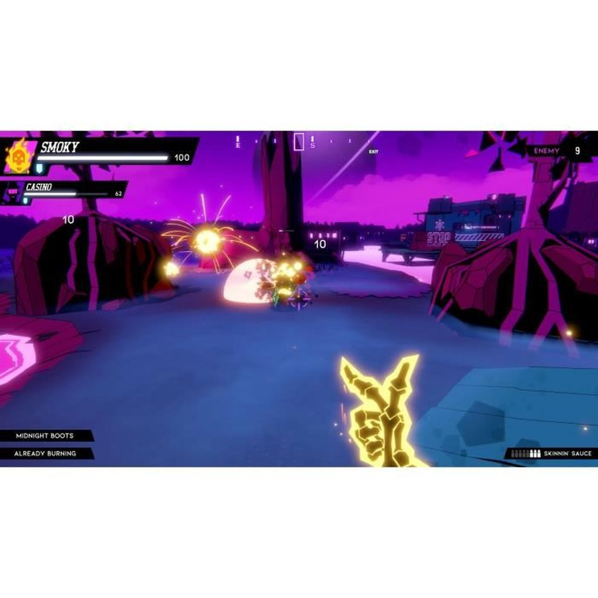 Captura de pantalla de una escena de videojuego con un personaje disparando. El fondo es un entorno iluminado con neón.