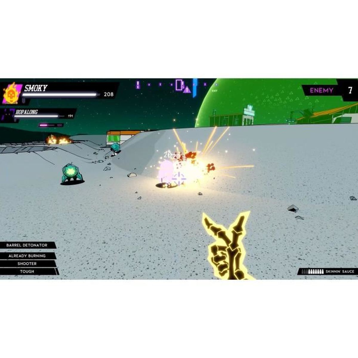 Una escena de videojuego con un personaje disparando. Hay un fondo desértico.
