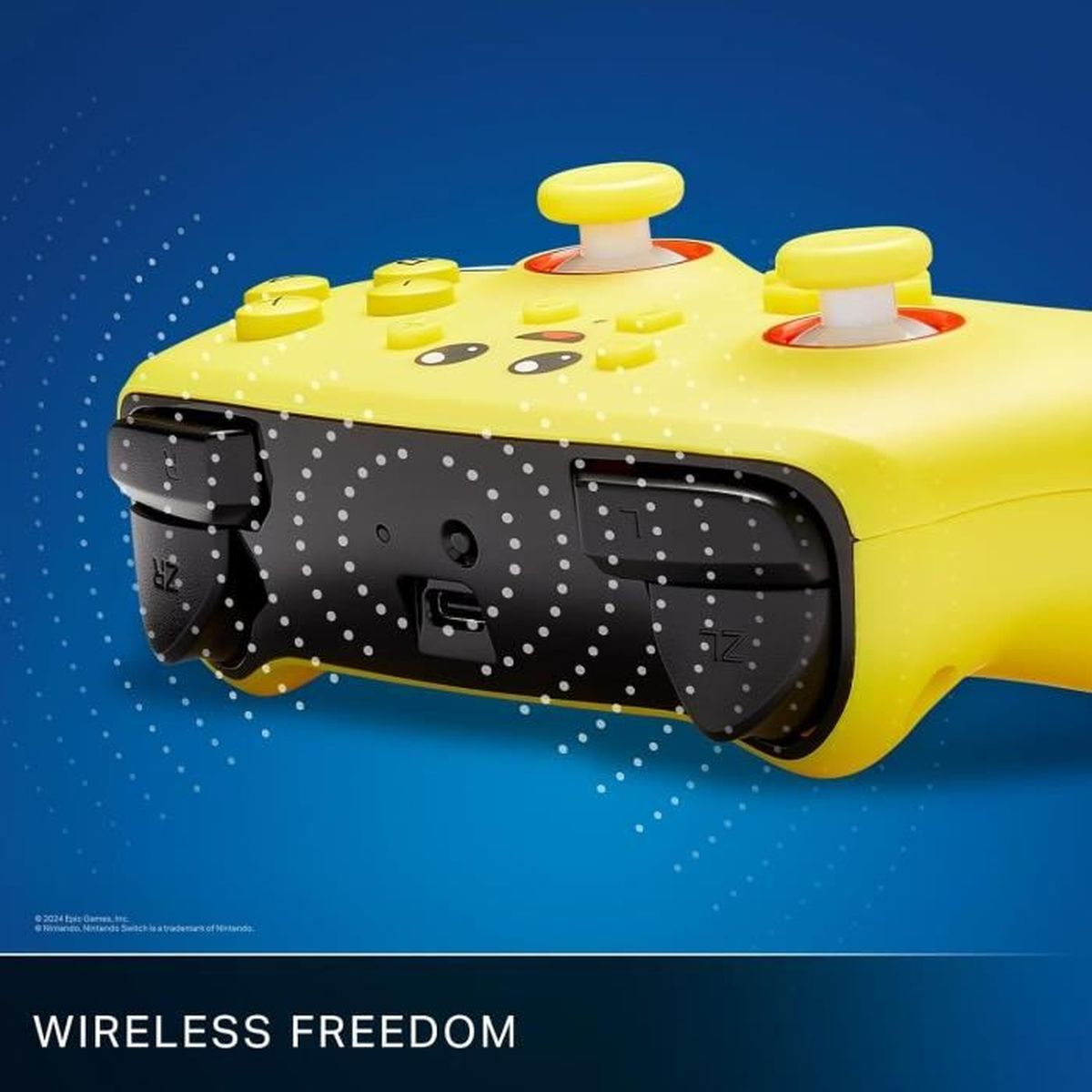 Żółty kontroler Nintendo Switch z motywem Pikachu. Tekst: Wireless Freedom.