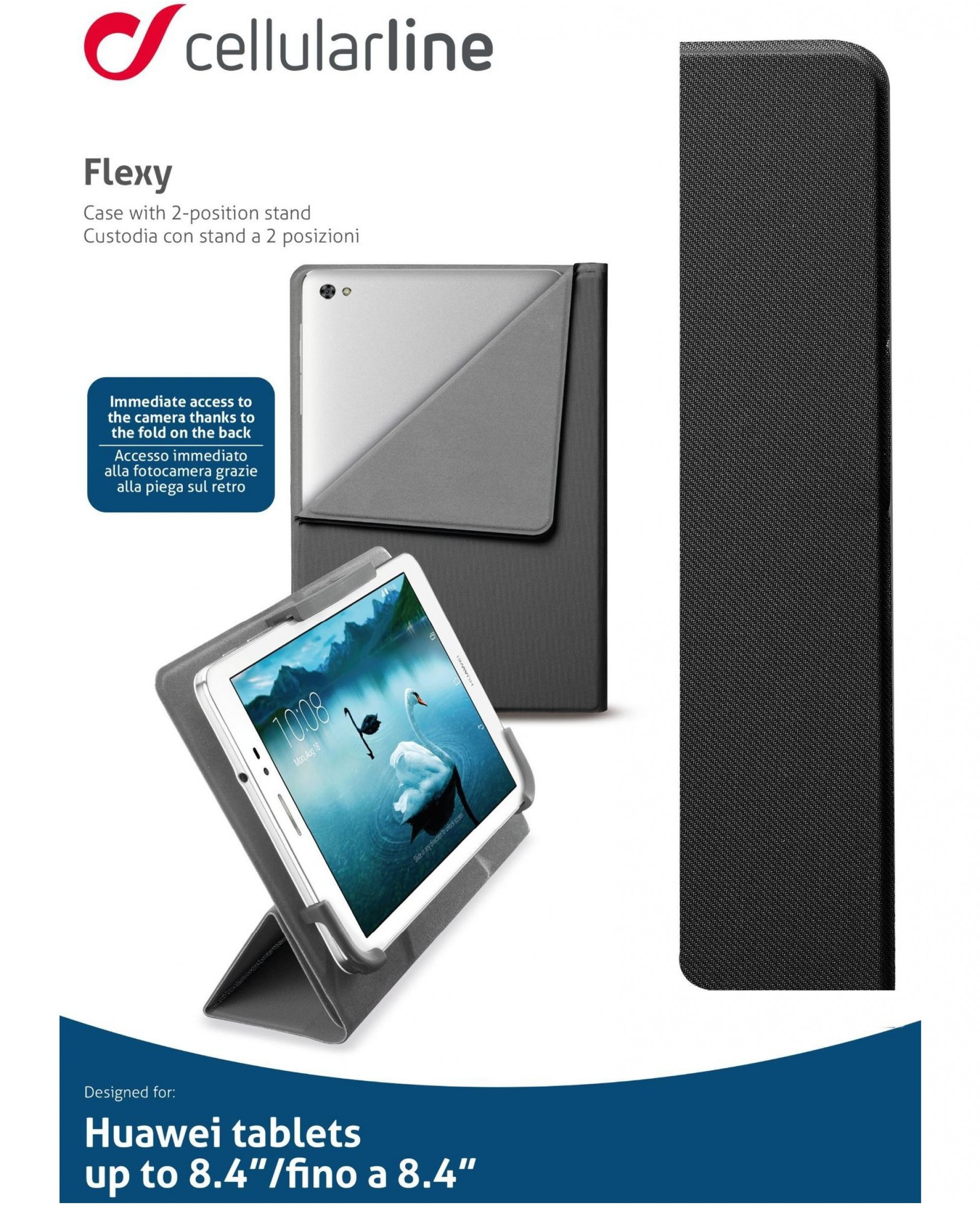 Tablet in una custodia a libro con supporto. Mostra il dispositivo e la custodia con il marchio.