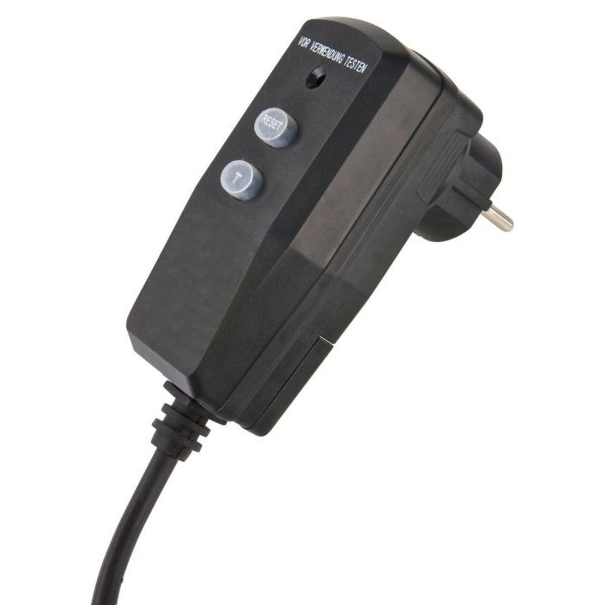 Schwarzer Netzstecker mit Reset-Taste und 7-Taste. Der Text lautet: Vor Verwendung testen.