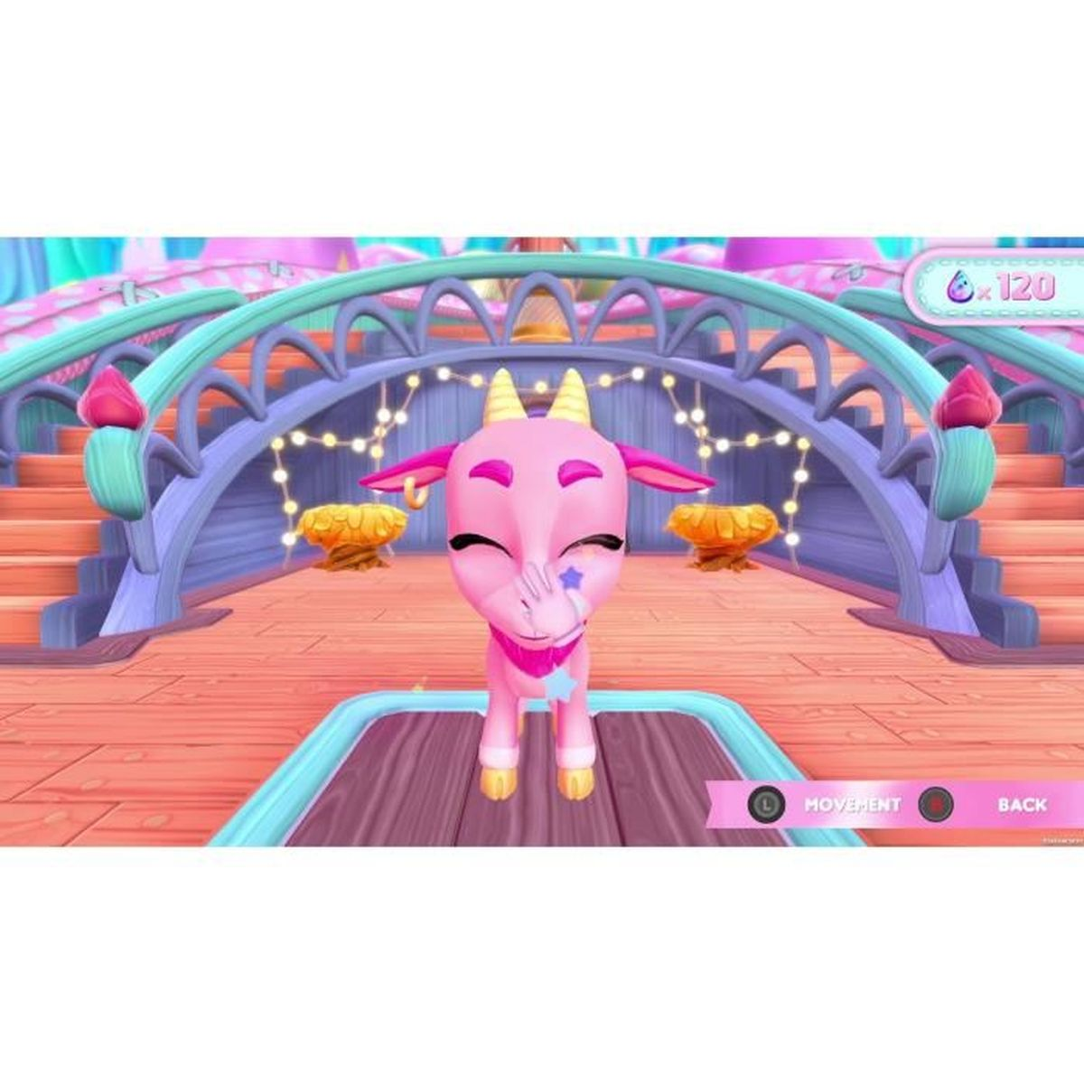 Un personaggio di capra dei cartoni animati in una scena di videogioco. La capra è rosa.