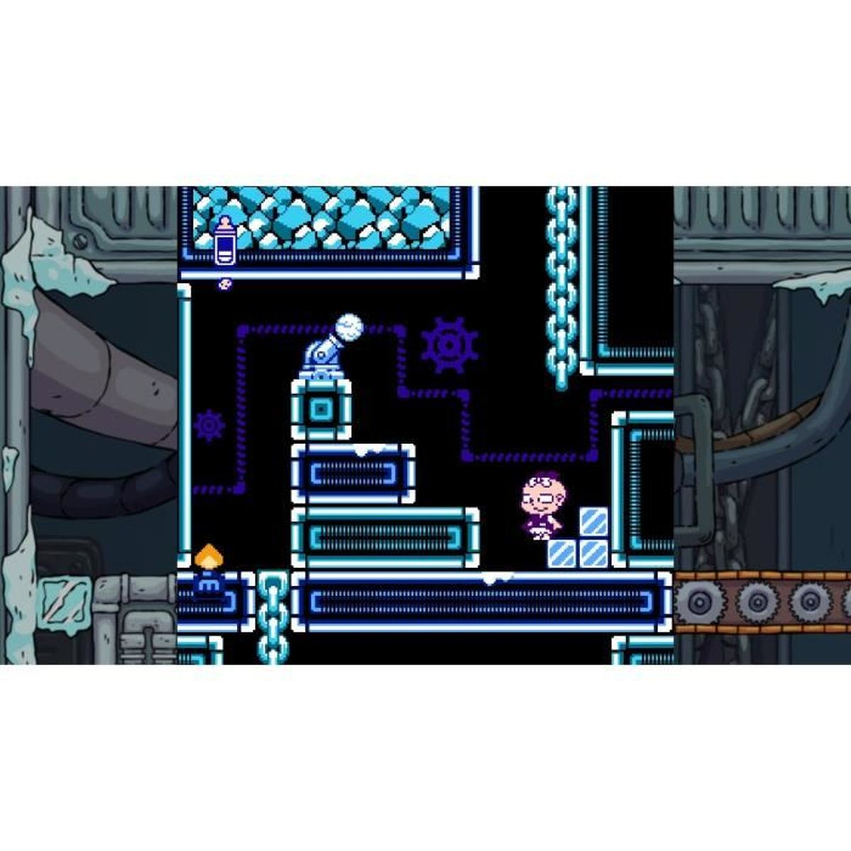 Escena de juego pixelada. Un personaje en una sala con plataformas, escaleras y engranajes.