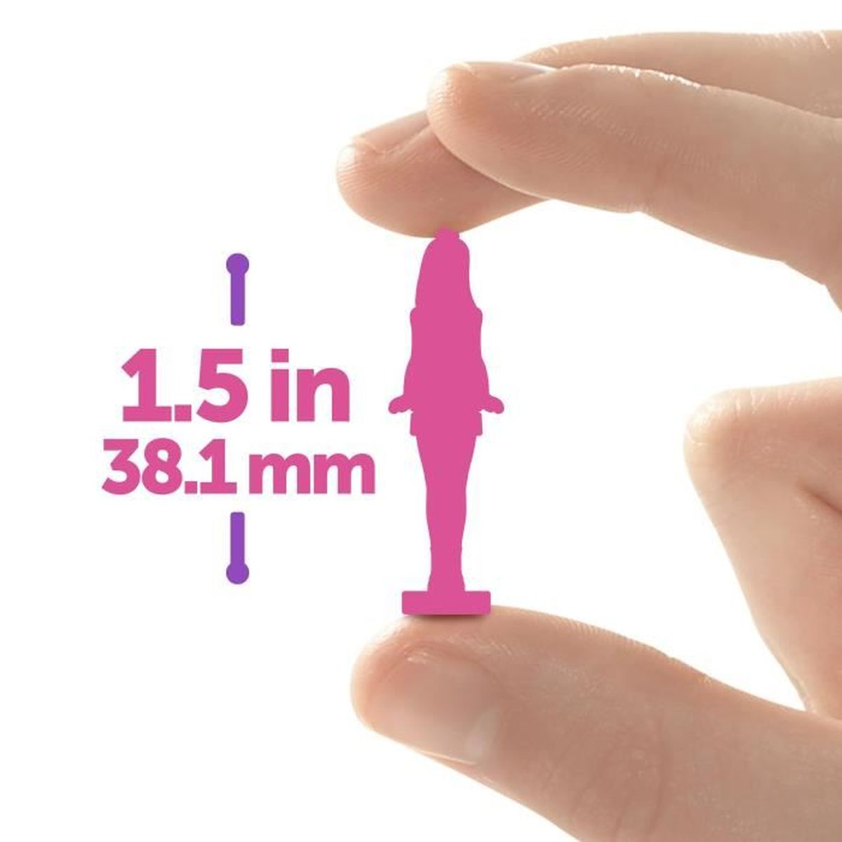 Hand hält eine pinkfarbene Silhouette einer Frau. Maße: 1,5 Zoll, 38,1 mm.
