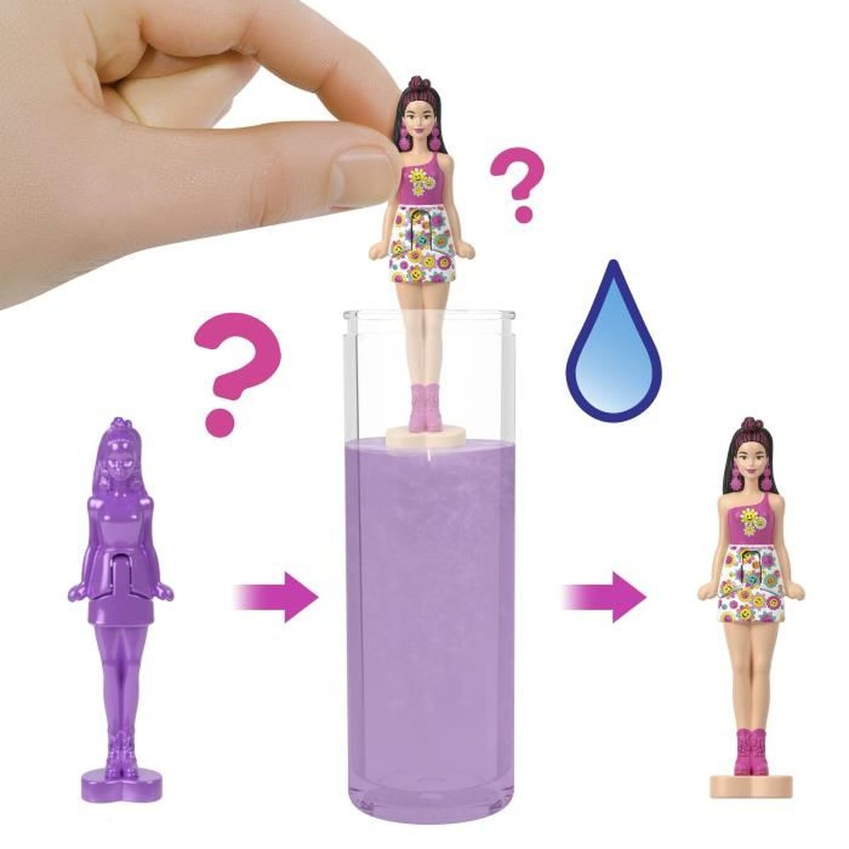 Puppe, die sich mit Wasser verändert. Eine lila Puppe verwandelt sich in eine Puppe mit buntem Rock.