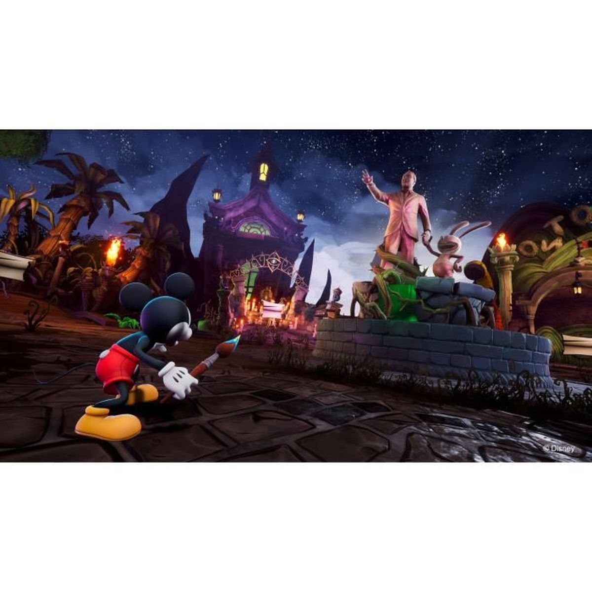 Mickey Mouse malt in einer Spielumgebung mit cartoonartigem Hintergrund.