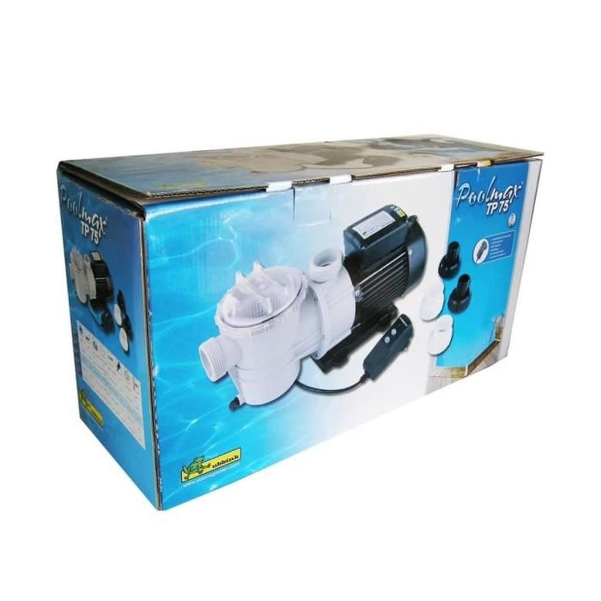 Karton mit einer Poolpumpe. Die Box ist blau und weiß. Die Pumpe ist schwarz und weiß.