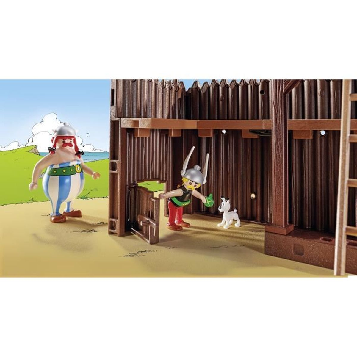 Figure di Asterix e Obelix in una scena del forte, con un cane.