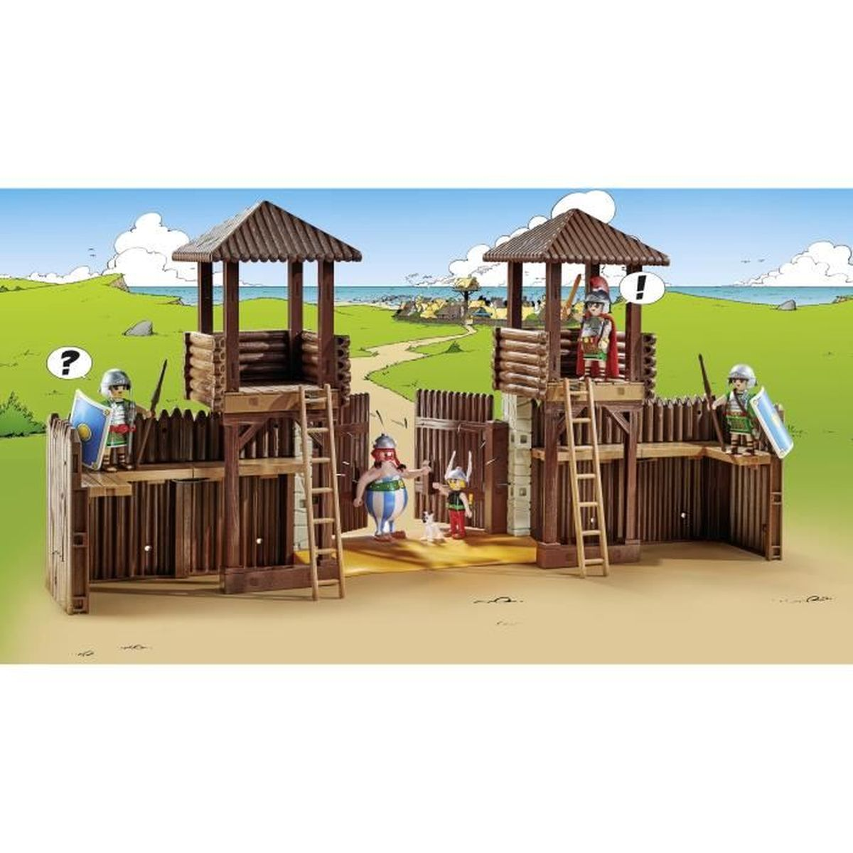 Una scena del forte Playmobil. Include personaggi giocattolo, torri e una recinzione di legno.