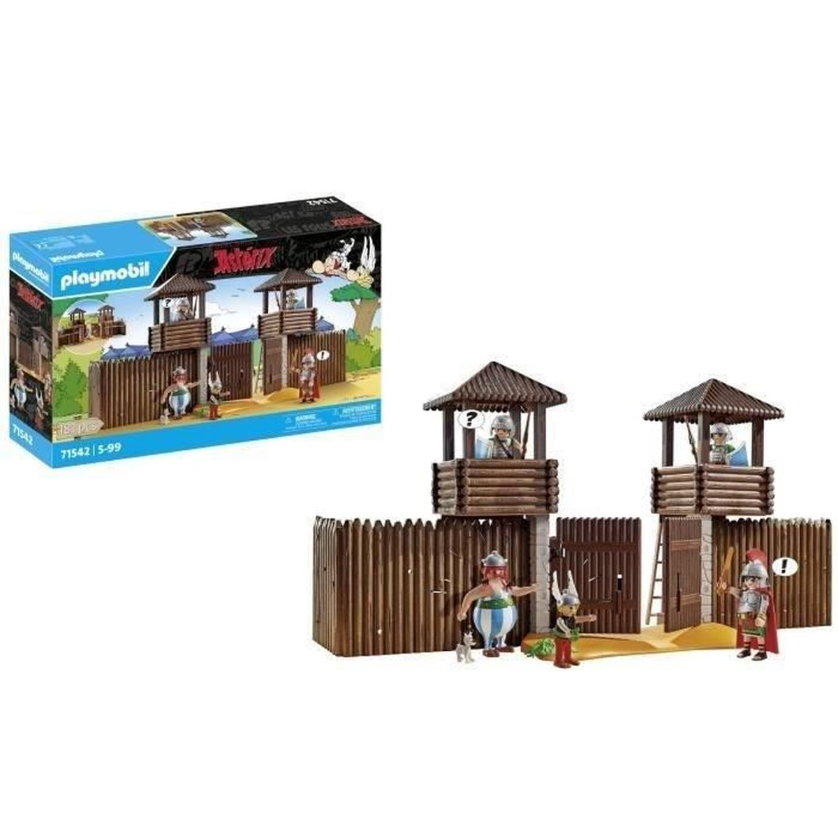 Un set Playmobil con una fortezza e delle figure. Le figure sono di guerrieri e una scatola è visibile.