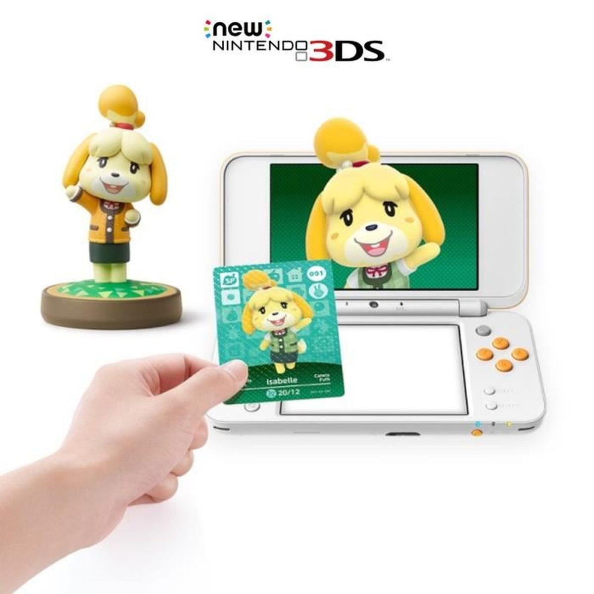 Figurka i karta Isabelle obok konsoli New Nintendo 3DS, z Isabelle na ekranie.