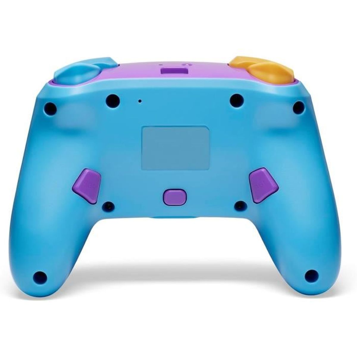 Niebiesko-fioletowy kontroler do gier z przyciskami, spustami i joystickami na białym tle.