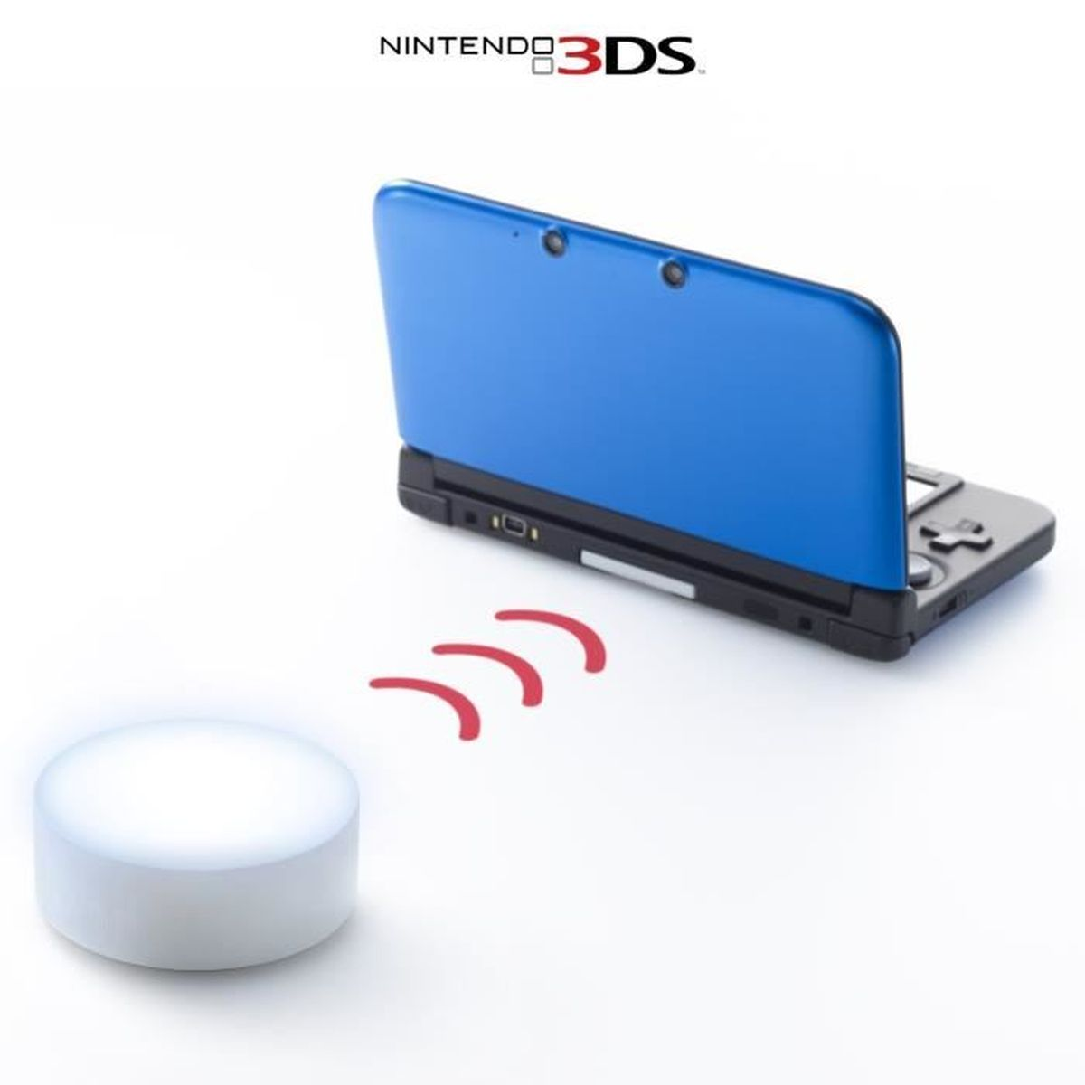 Niebieska konsola Nintendo 3DS ze stacją ładującą i emitującymi światło falami.