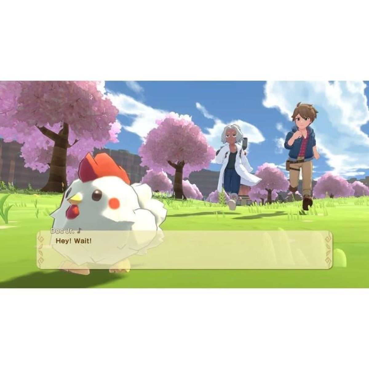 Scena di videogioco con un pollo e due persone. Alberi di ciliegio in fiore sullo sfondo.