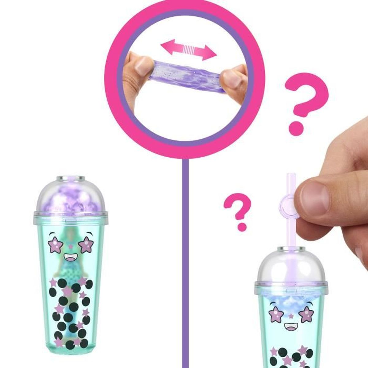 Dwa kolorowe kubki bubble tea, jeden z rozciągniętą folią i znakiem zapytania.