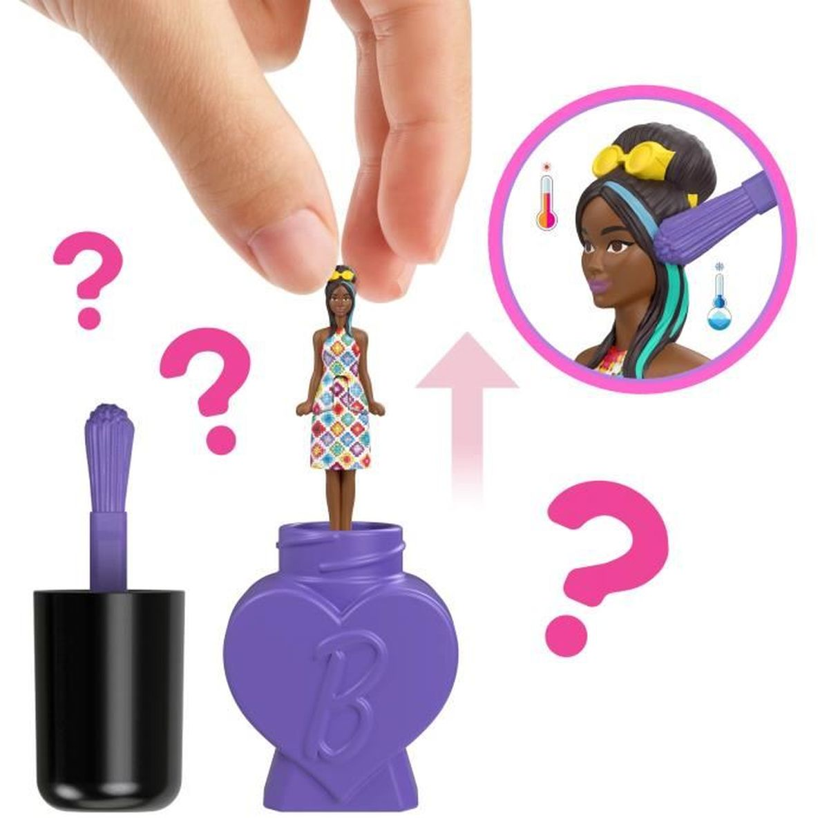 Mujer en miniatura, botella de esmalte de uñas y signos de interrogación.