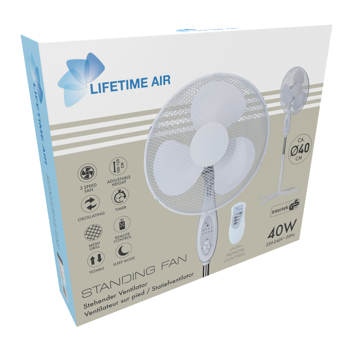 Un ventilateur sur pied blanc dans une boîte avec le texte: Lifetime Air. Il possède un ventilateur à 3 vitesses, hauteur réglable.