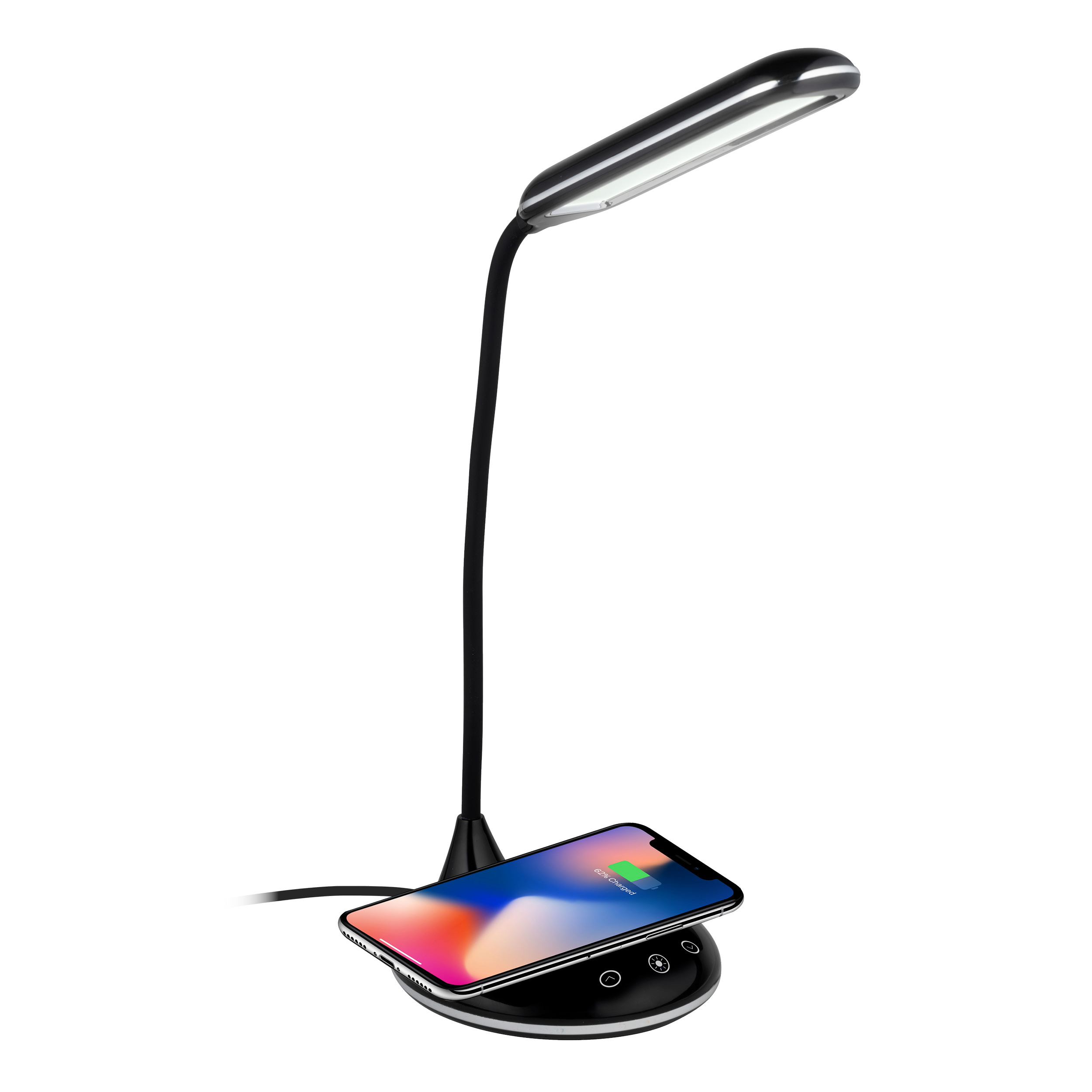 Zwarte bureaulamp met een telefoon die op de basis wordt opgeladen. De lamp staat op een witte achtergrond.