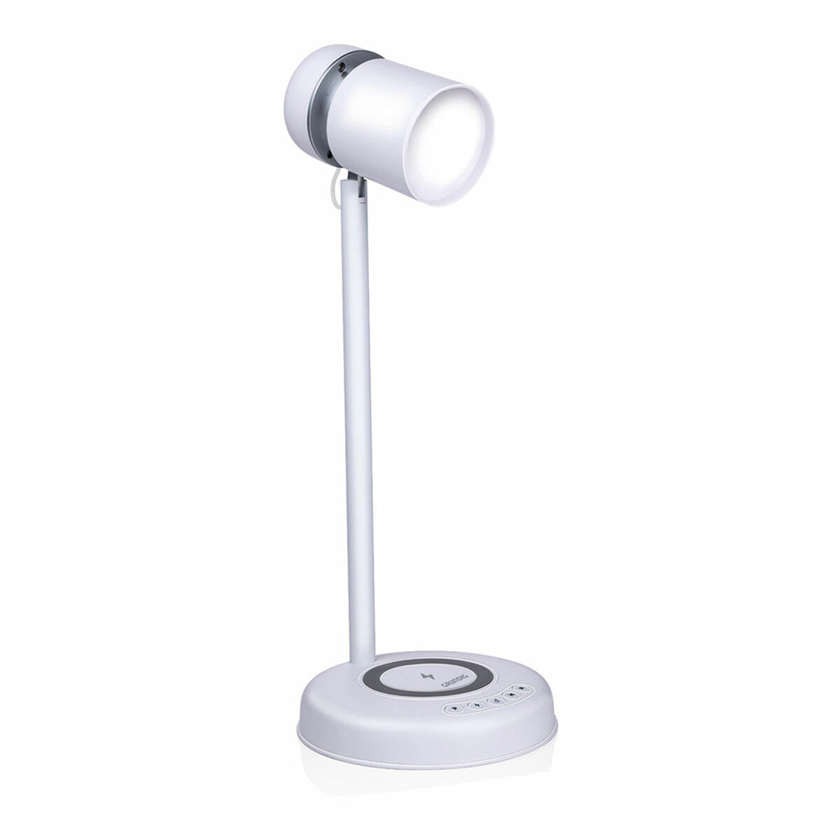 Lampe de bureau blanche sur une surface blanche. Elle a une tête réglable et une base ronde.