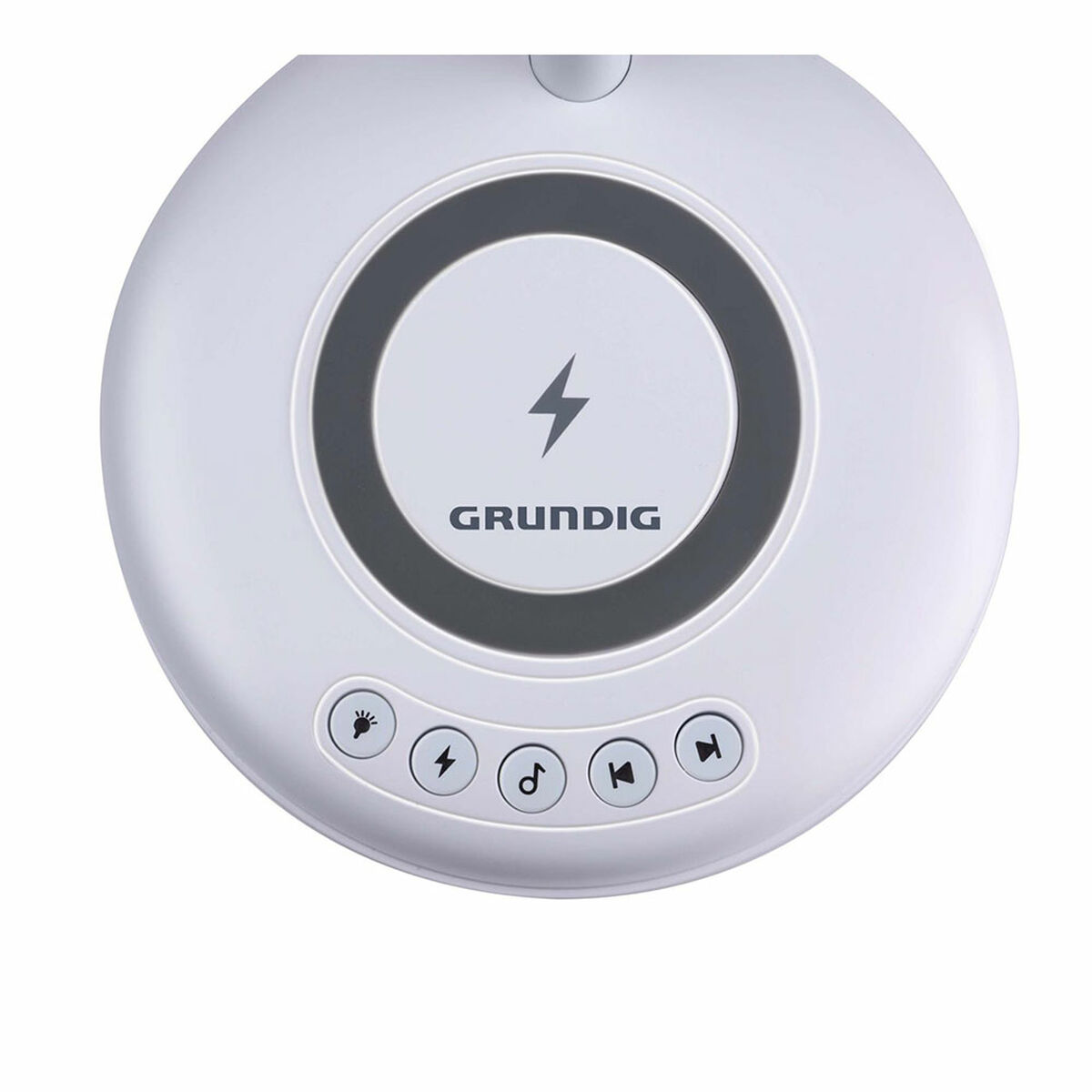 Haut-parleur Grundig blanc. Dessus avec boutons et symbole de charge.