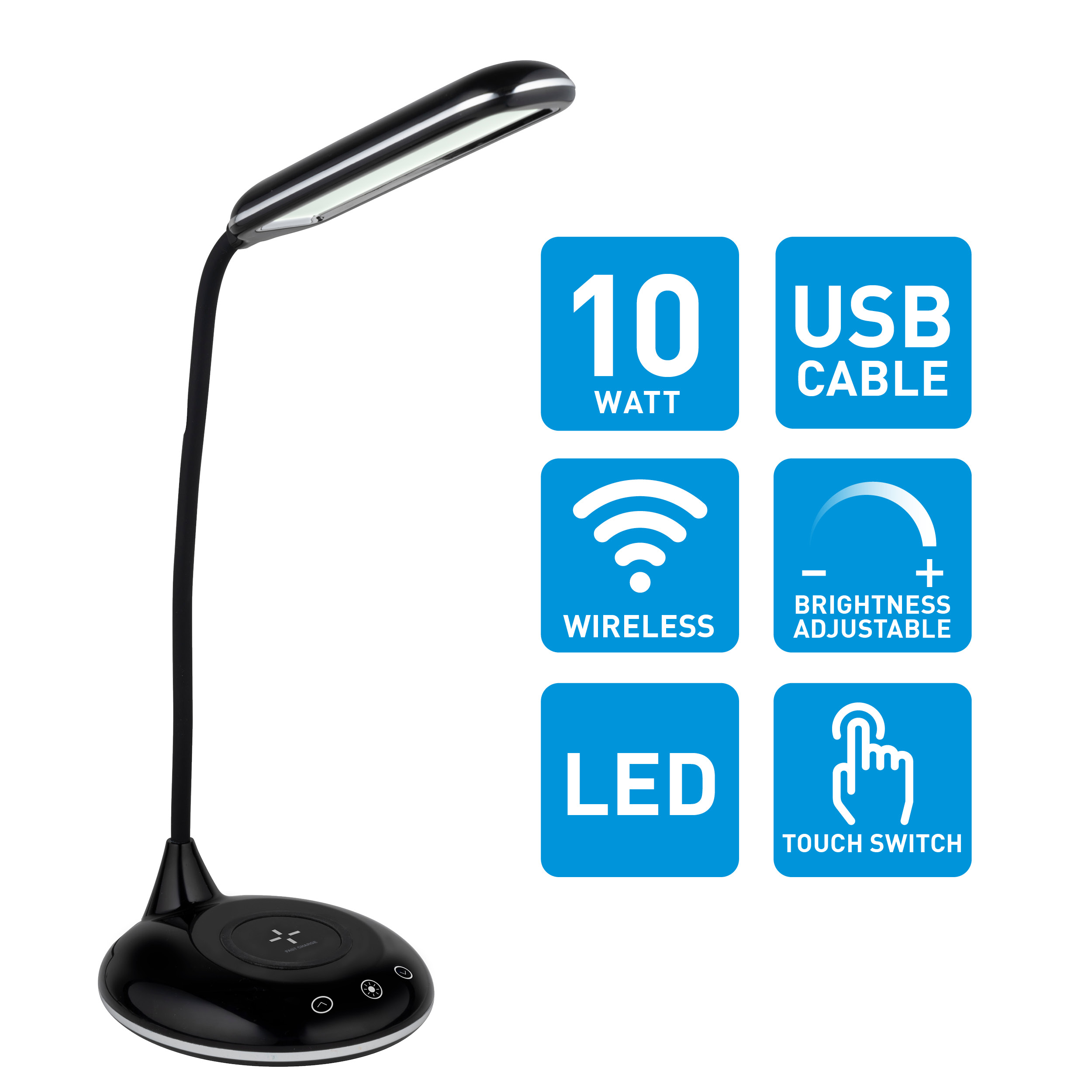 Zwarte bureaulamp met een draadloos oplaadstation. De achtergrond is wit.
