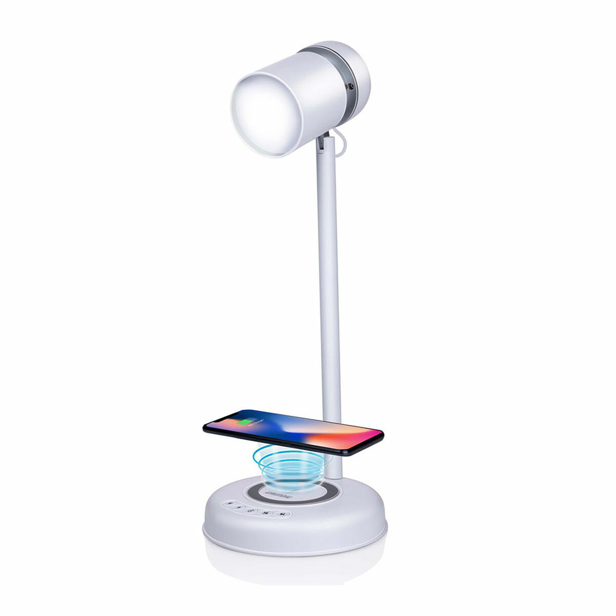 Une lampe de bureau blanche avec un téléphone, une lumière et une base de chargement.