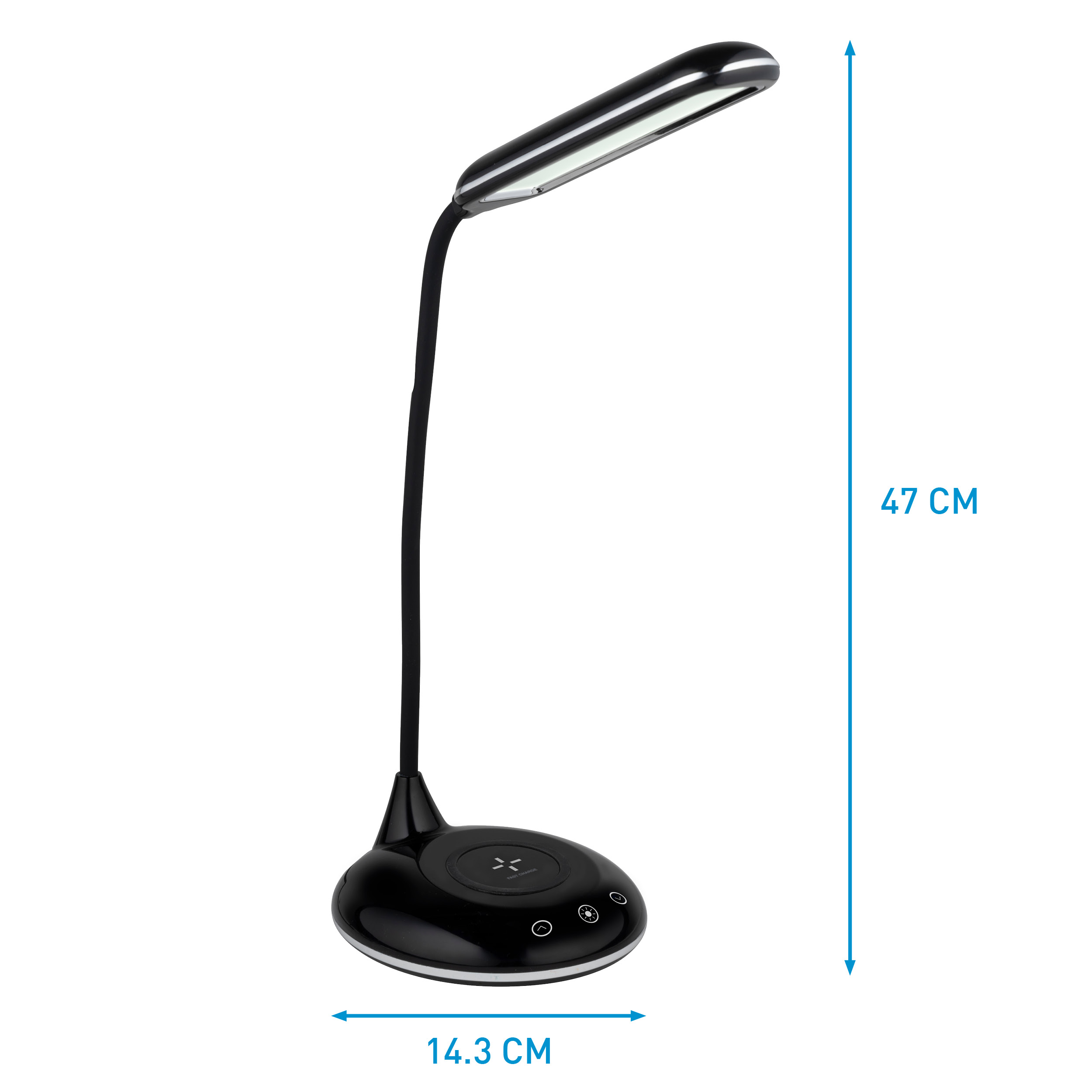 Zwarte bureaulamp met een flexibele nek. Afmetingen zijn 47 cm hoog en 14,3 cm breed aan de basis.