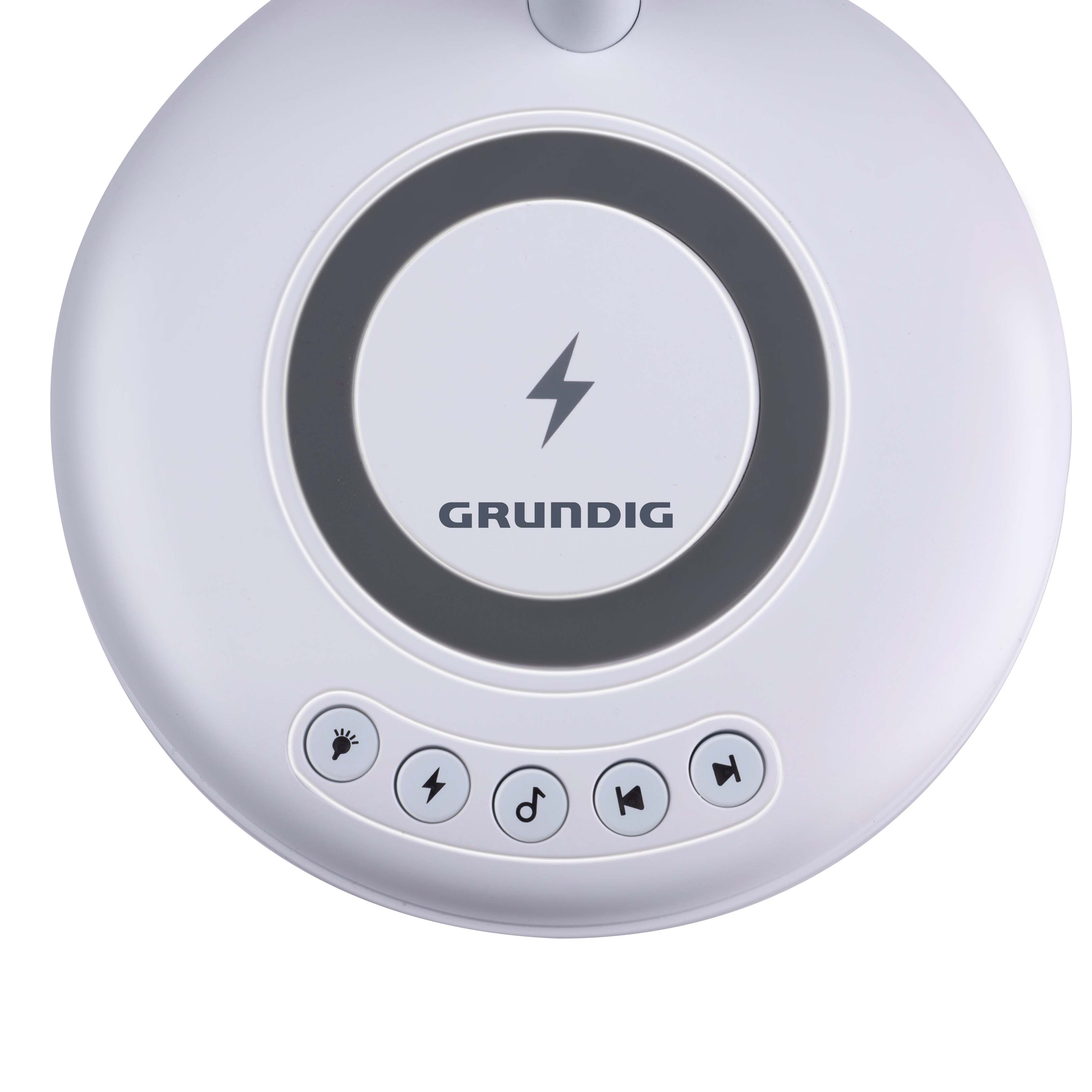 Une lampe Grundig blanche avec des boutons de commande et un symbole sur fond blanc.