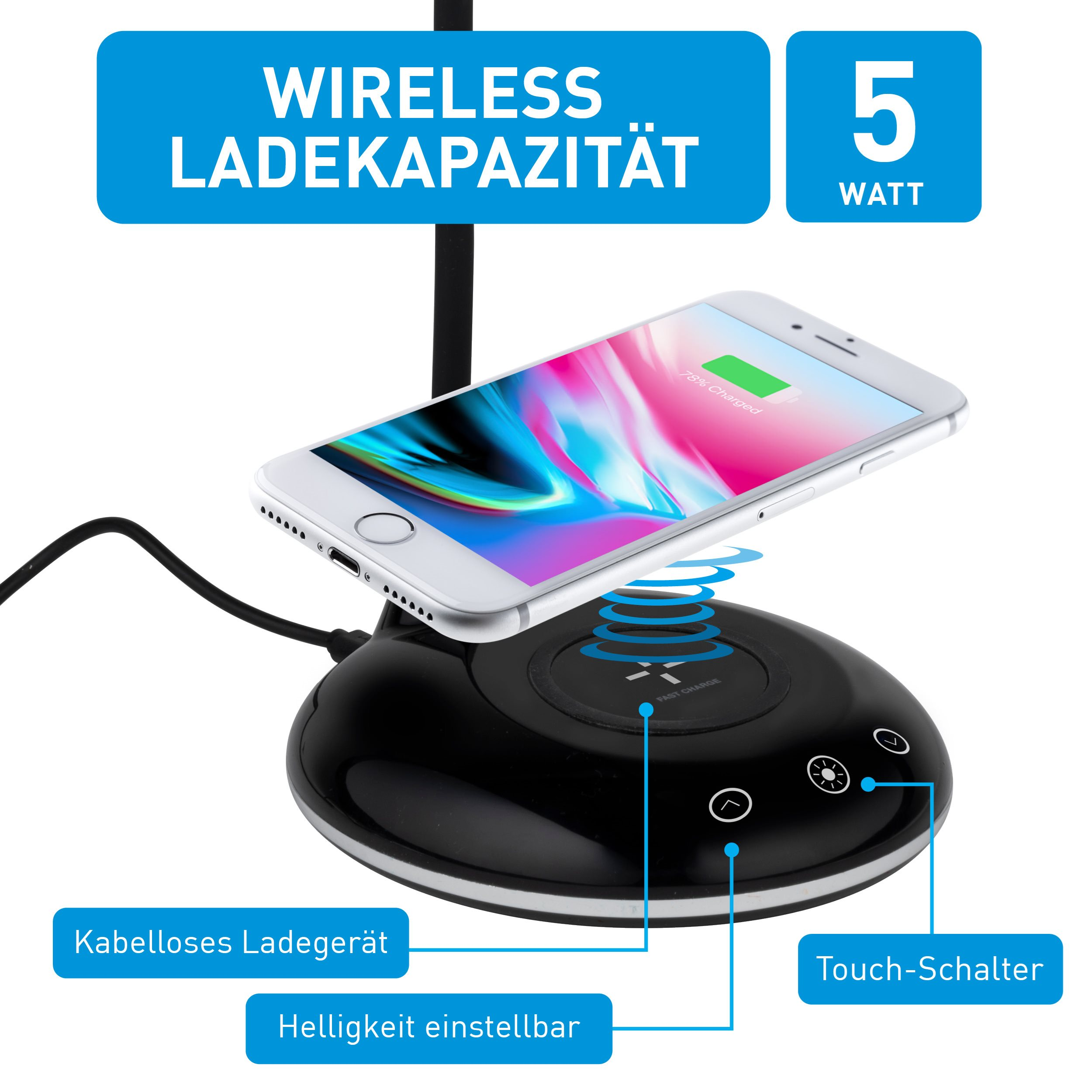 Zwarte draadloze oplader met telefoon. Tekst: Draadloos opladen, 5 watt. Labels en pijlen.
