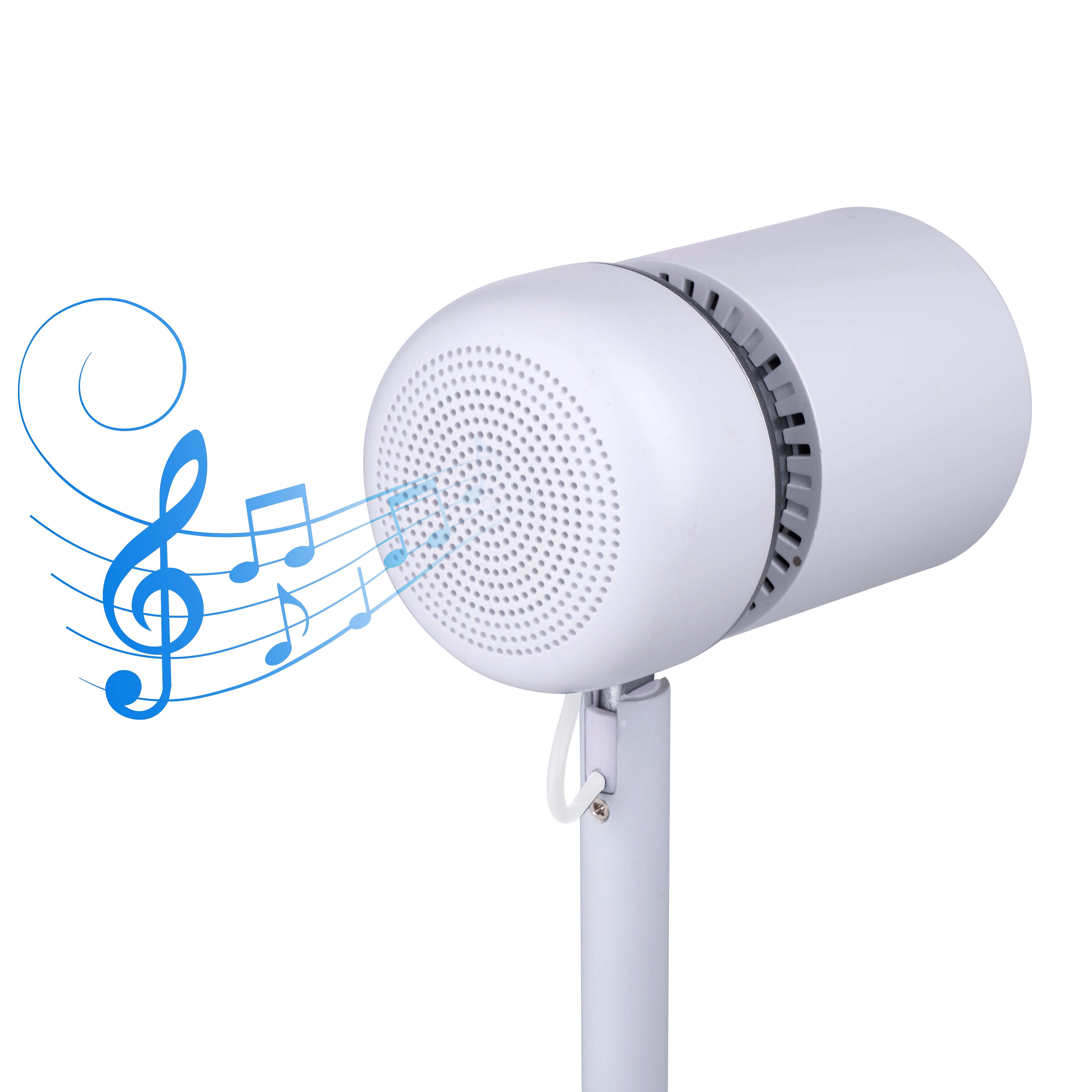Haut-parleur blanc émettant des notes de musique. Le haut-parleur est sur un support blanc, isolé.