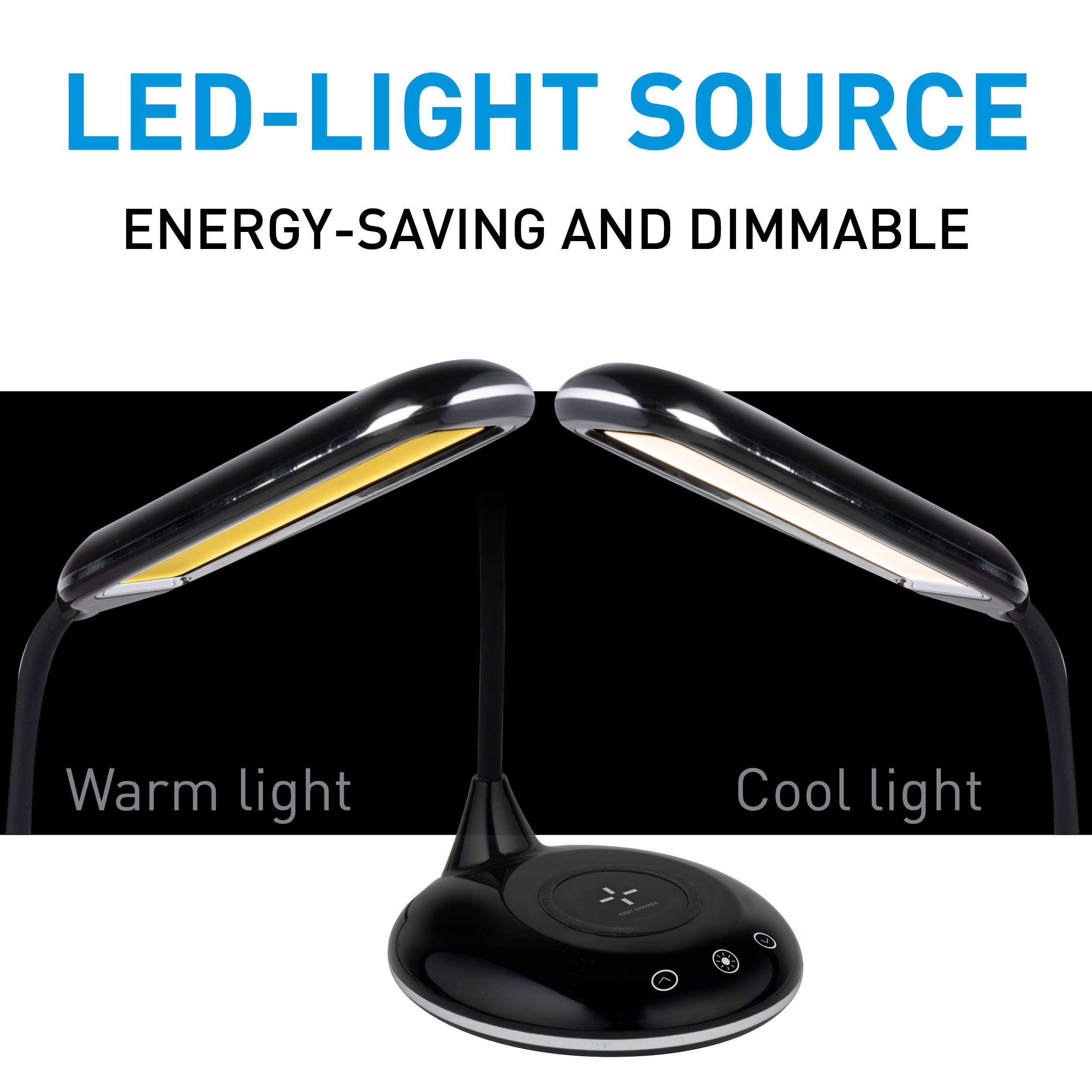Zwarte bureaulamp met twee lichtkoppen, één warm, één koel, en een zwarte basis.