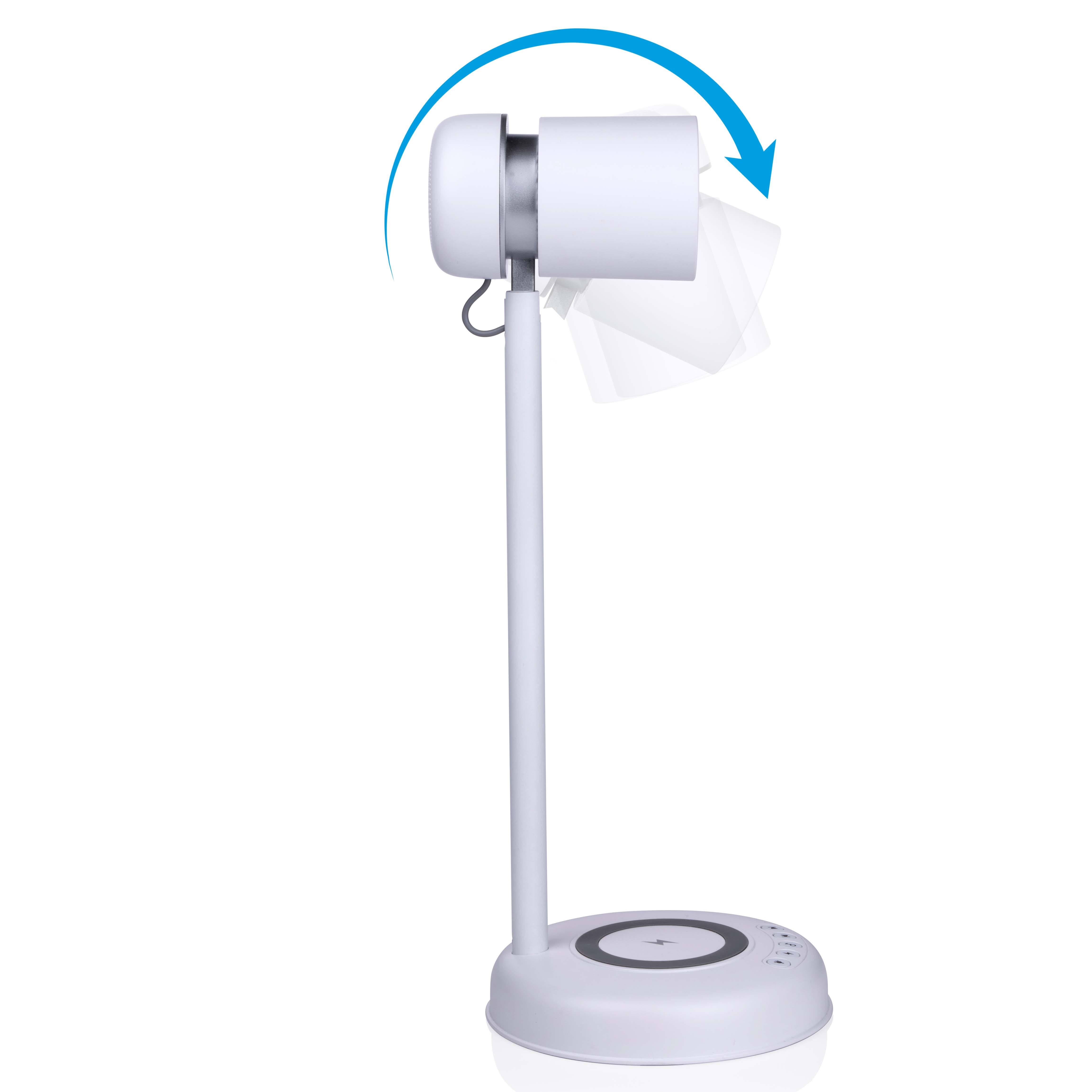 Lampe de bureau blanche à tête et base réglables. Flèche bleue indique le mouvement.