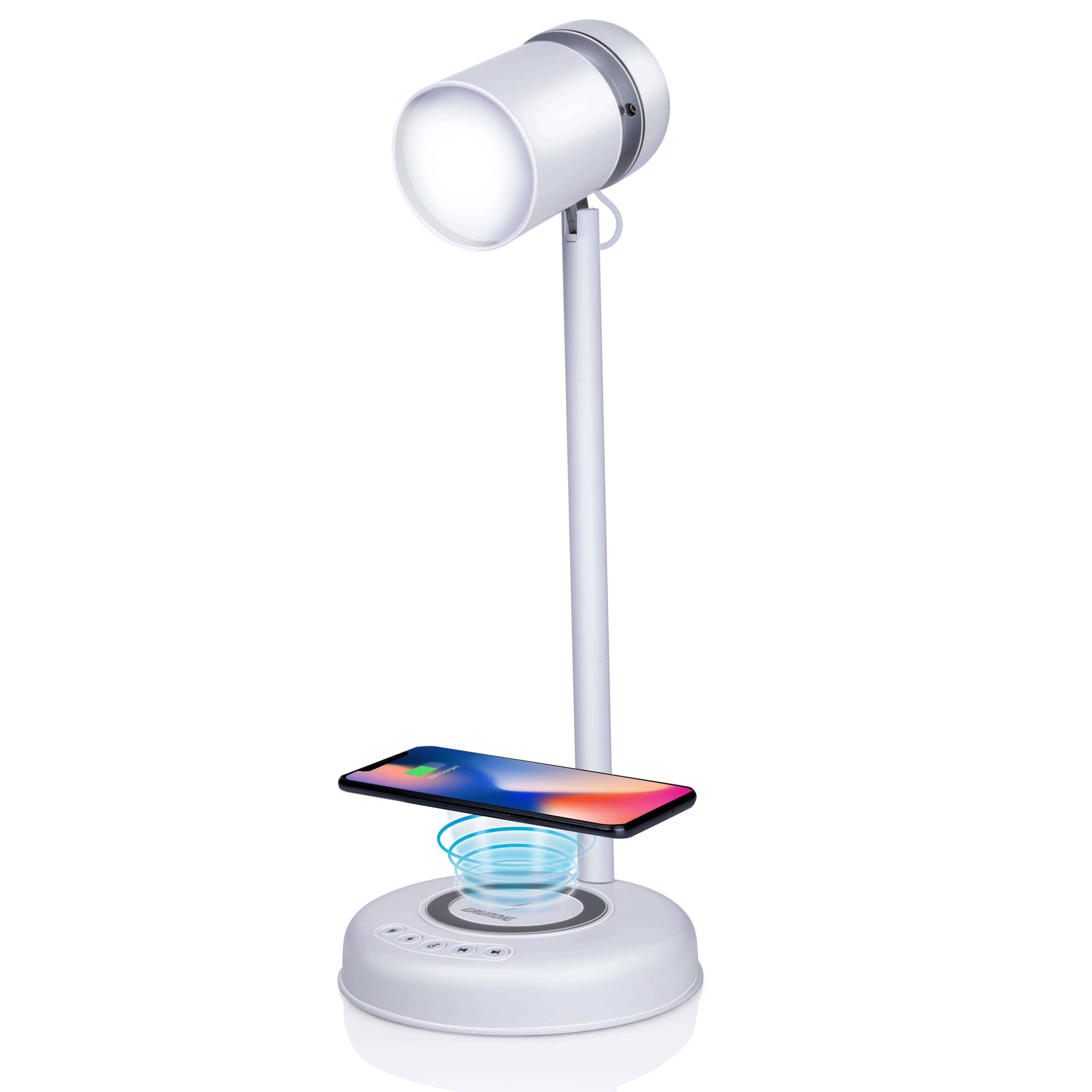 Lampe blanche avec téléphone dessus. Téléphone noir. Texte: Charge sans fil.