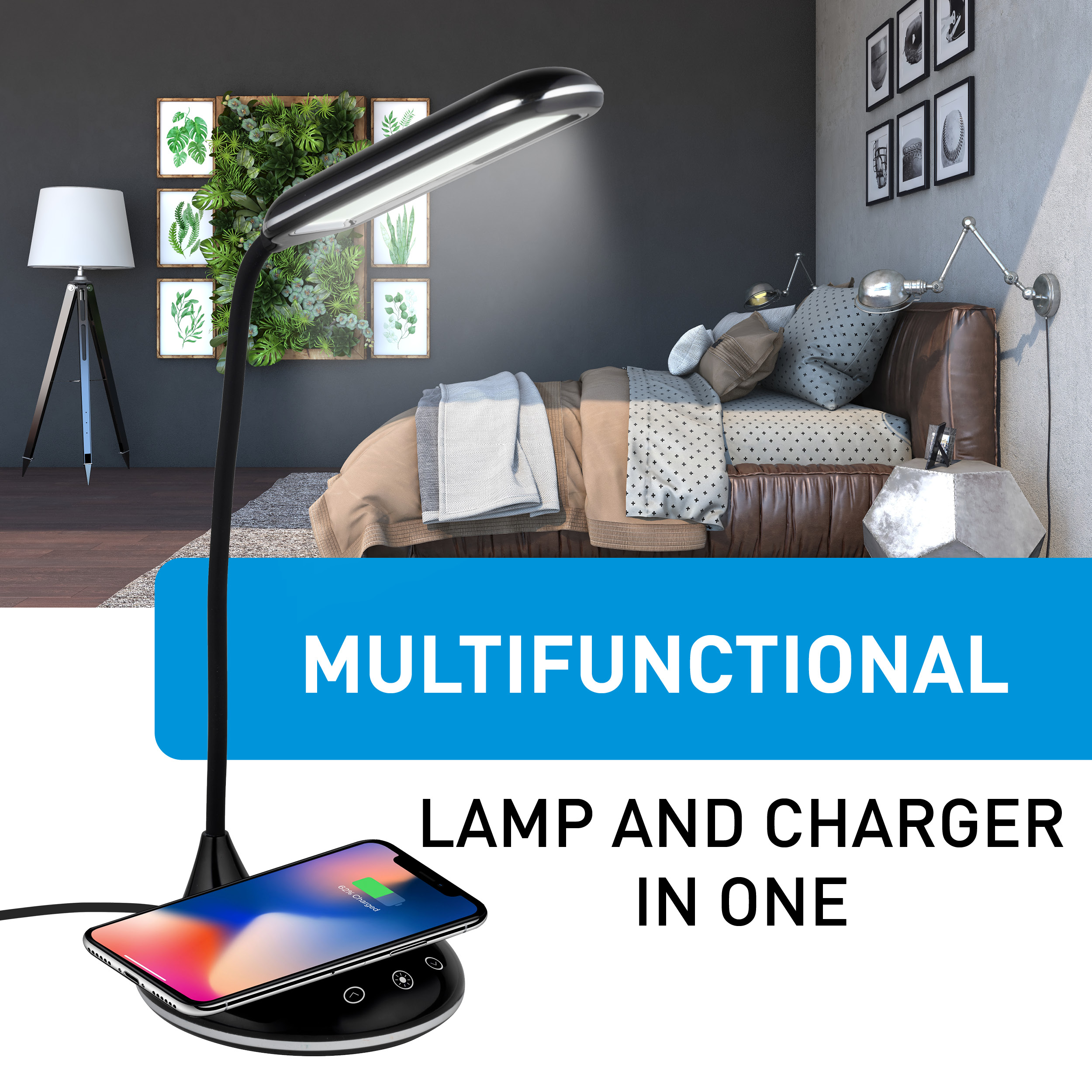 Zwarte bureaulamp en oplader. Telefoon laadt op de basis. Tekst: Multifunctioneel, Lamp en Oplader in één.
